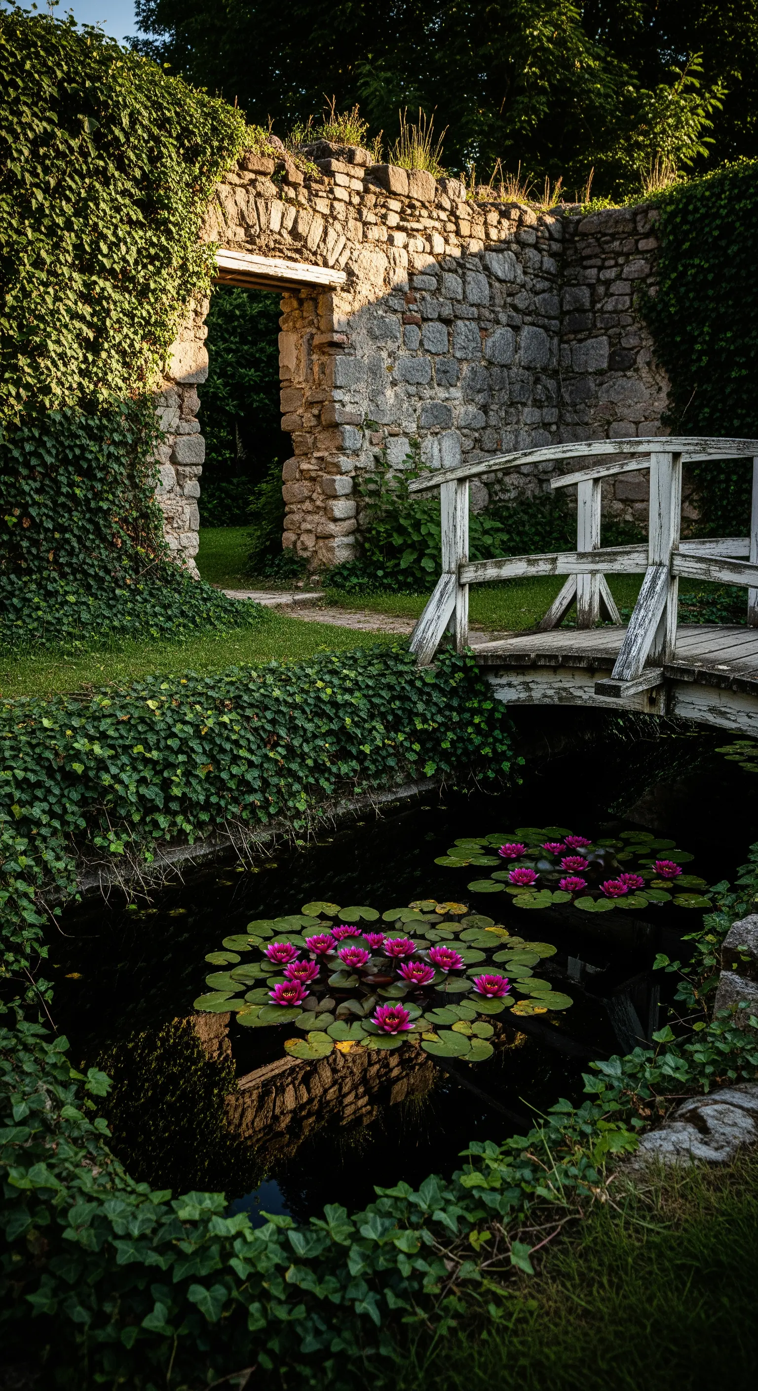 Ponte bianco scrostato vicino a un muro diroccato in pietra, sopra un laghetto scuro