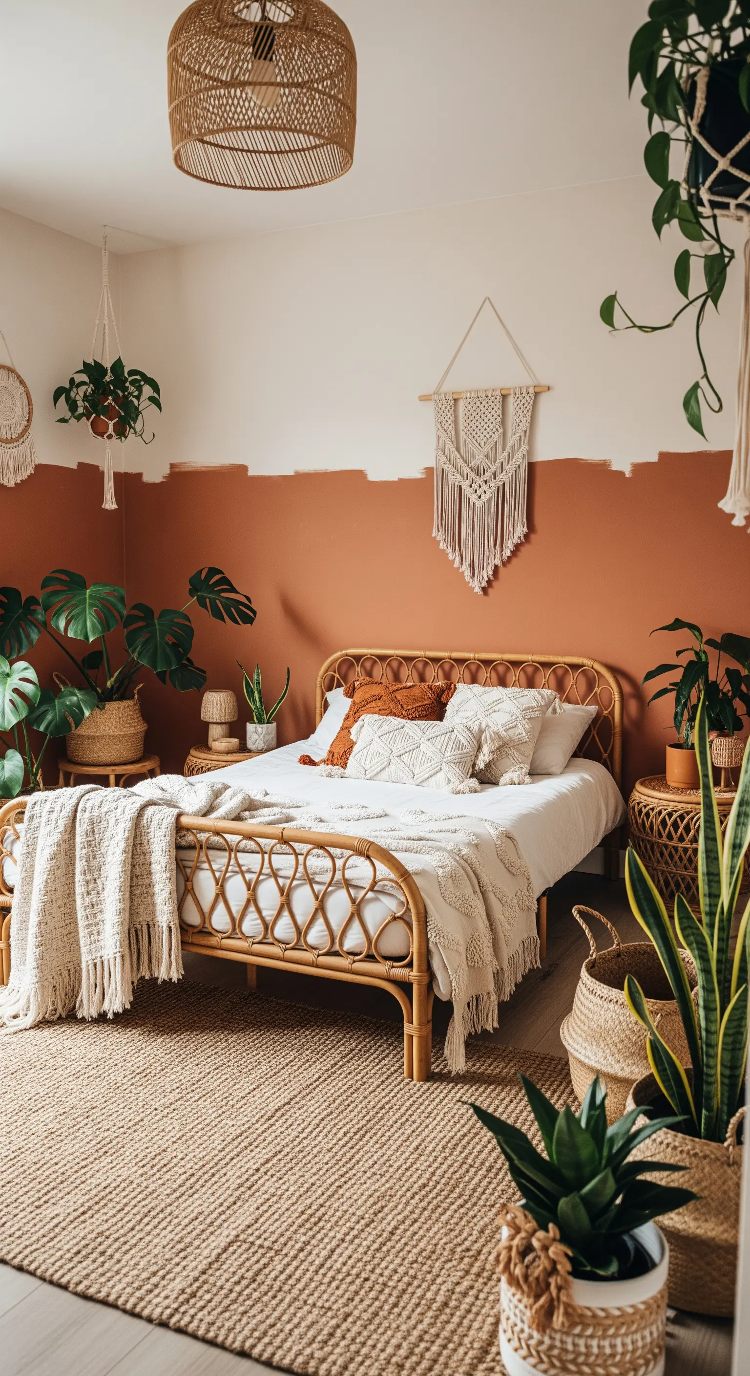 Camera da letto boho chic con parete terracotta dal bordo irregolare e arredi in rattan.
