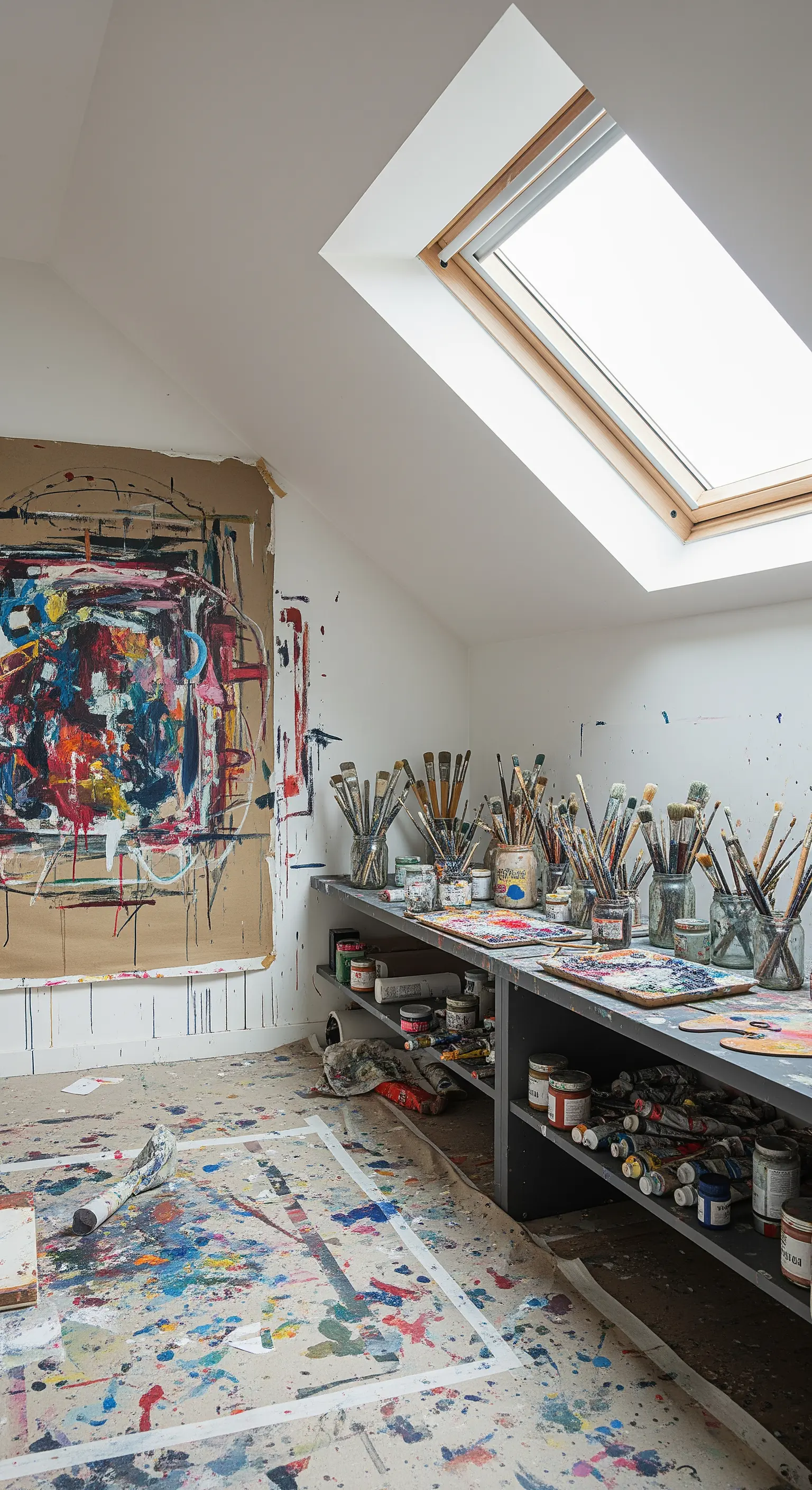 Studio d'artista con mensole piene di colori e un grande quadro astratto non finito.