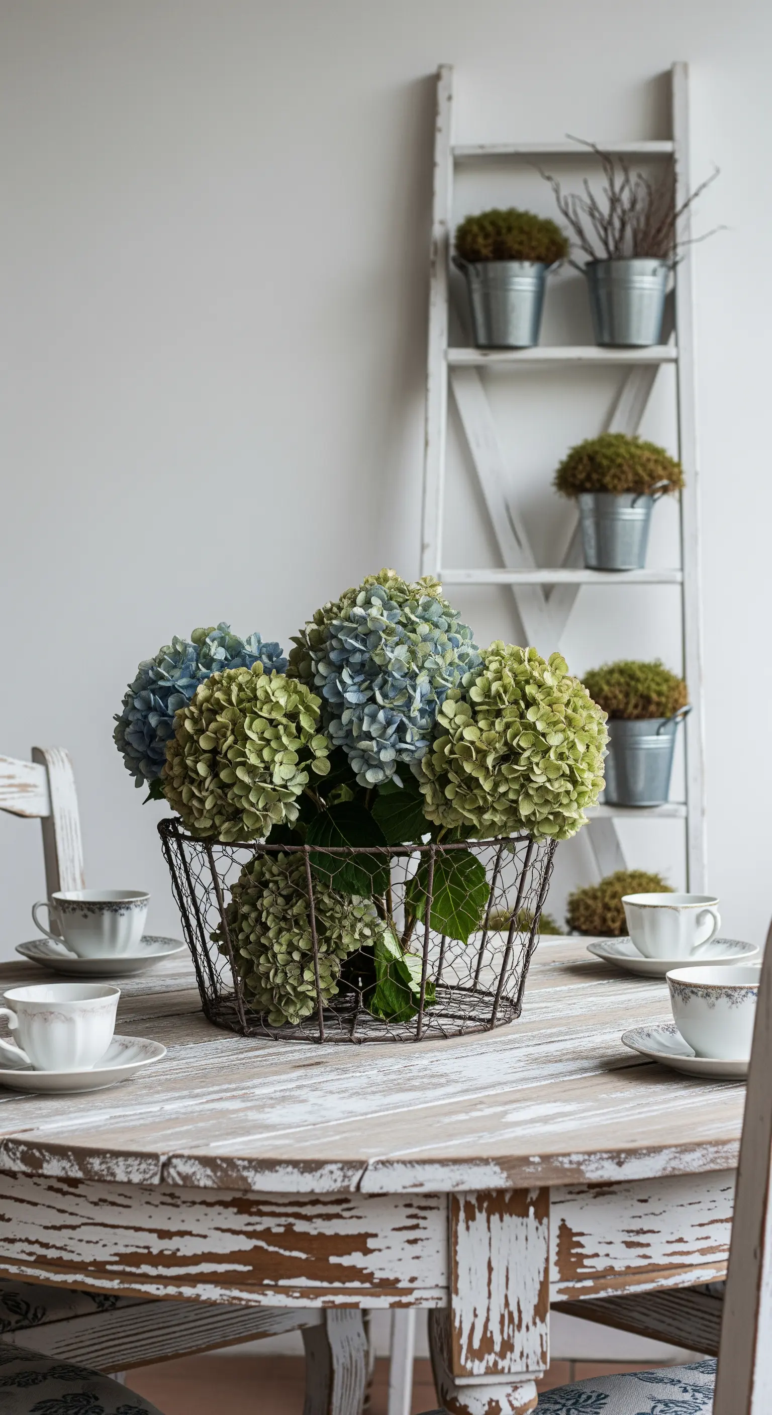 Tavolo da pranzo shabby chic con finitura bianca e un cesto di ortensie secche come centrotavola.