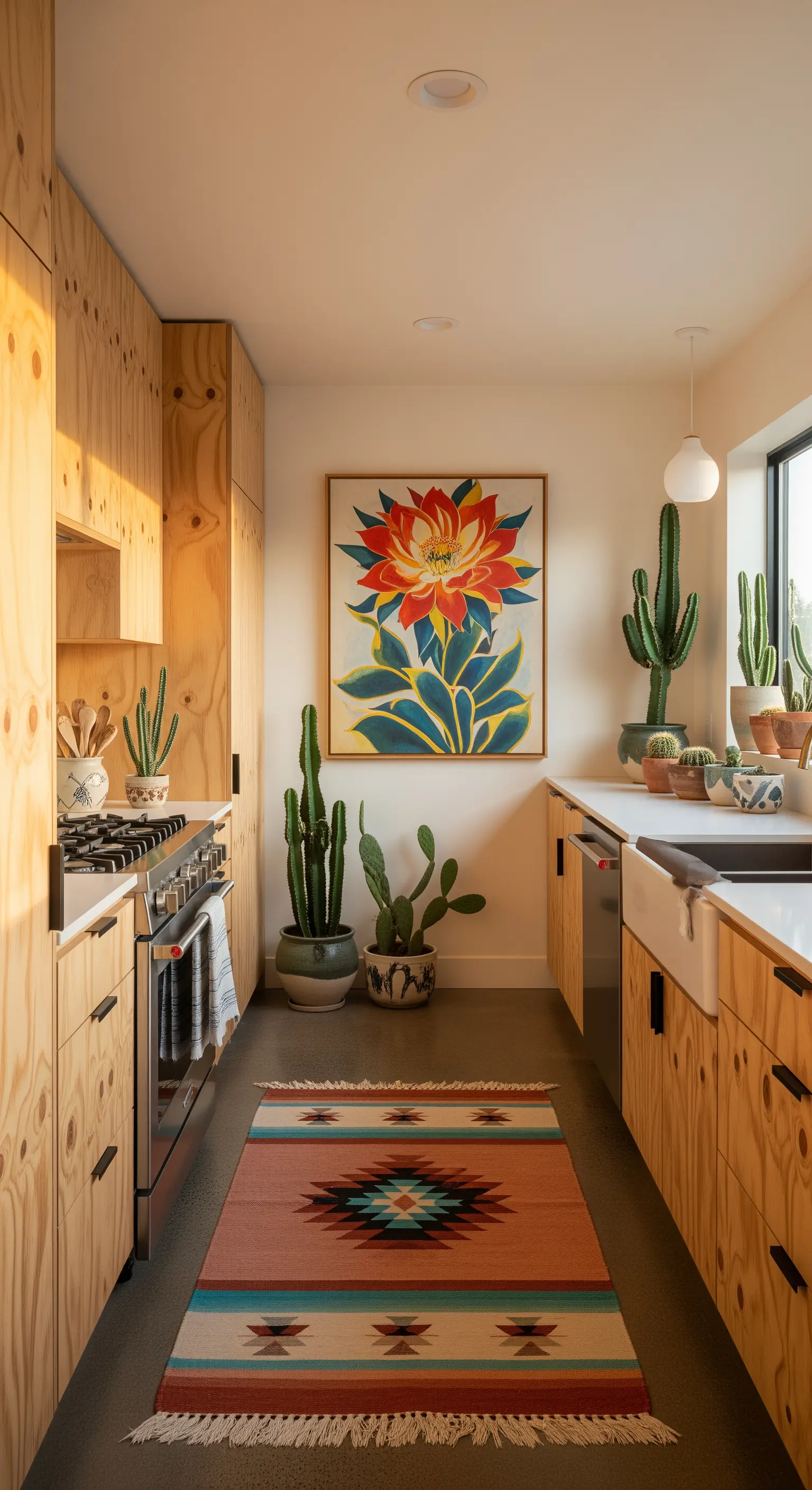 Cucina in legno di pino con una collezione di cactus, tappeto etnico e quadro floreale.