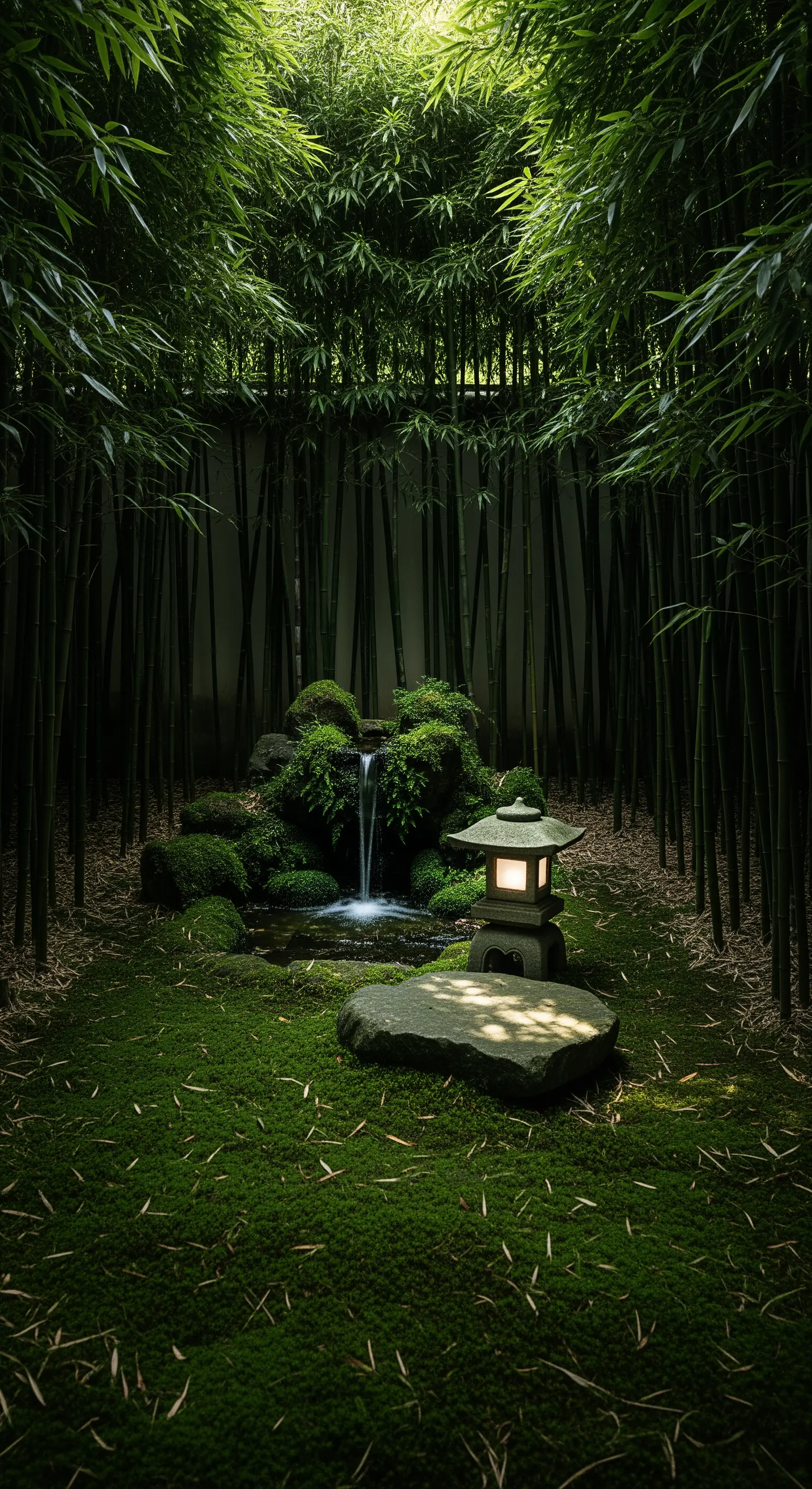 Angolo nascosto in un bosco di bambù con una piccola cascata e una lanterna.