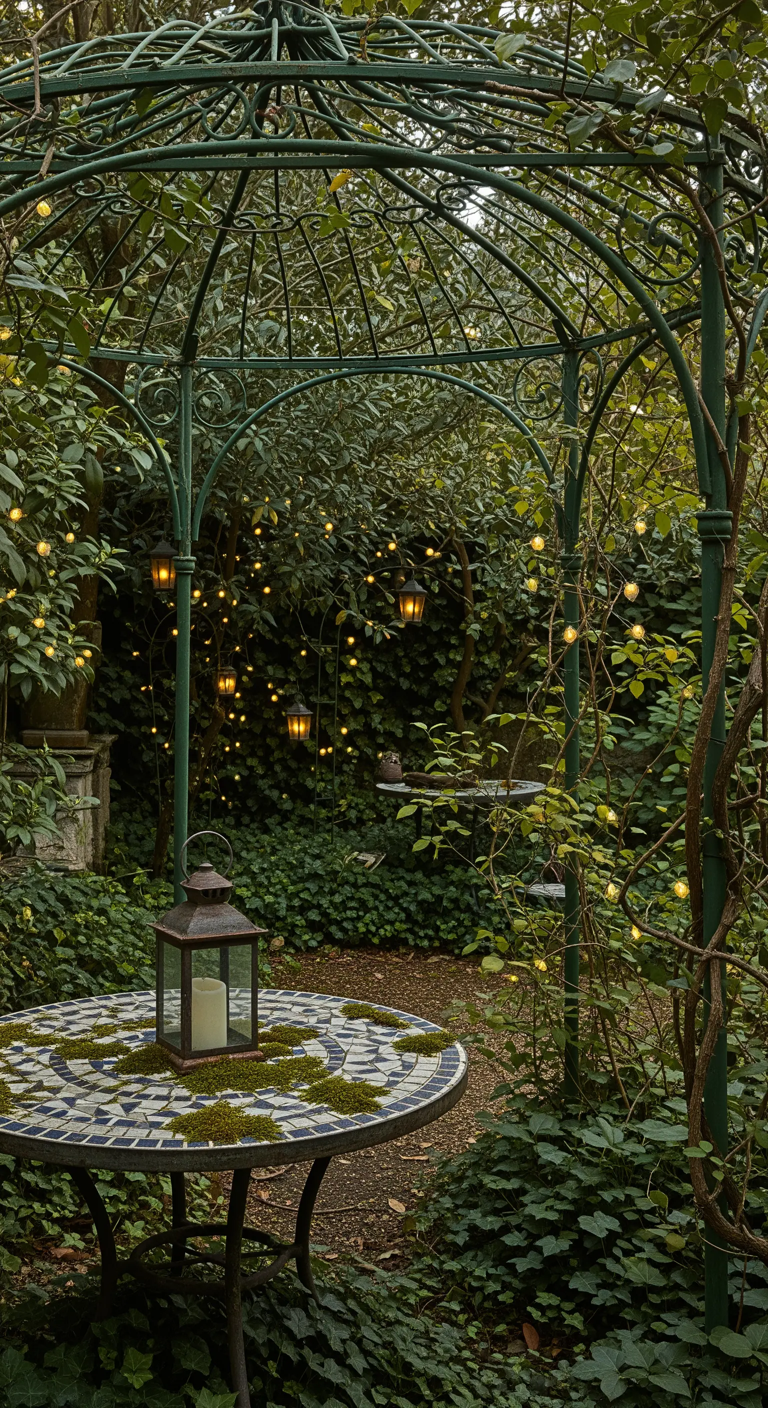 Gazebo e tavolo in mosaico coperti di vegetazione e muschio, illuminati da piccole lanterne