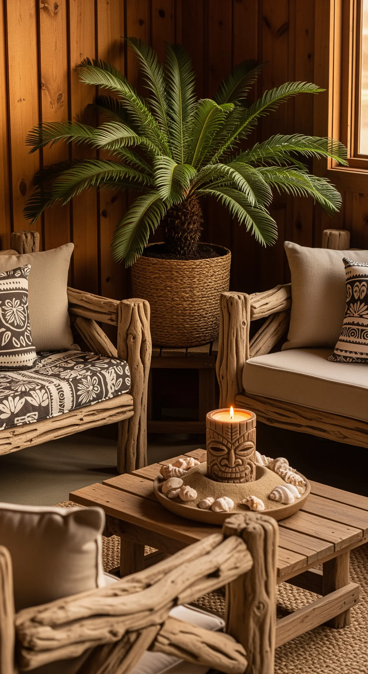 Angolo relax con mobili in legno grezzo, cuscini neutri e una candela tiki su un vassoio.