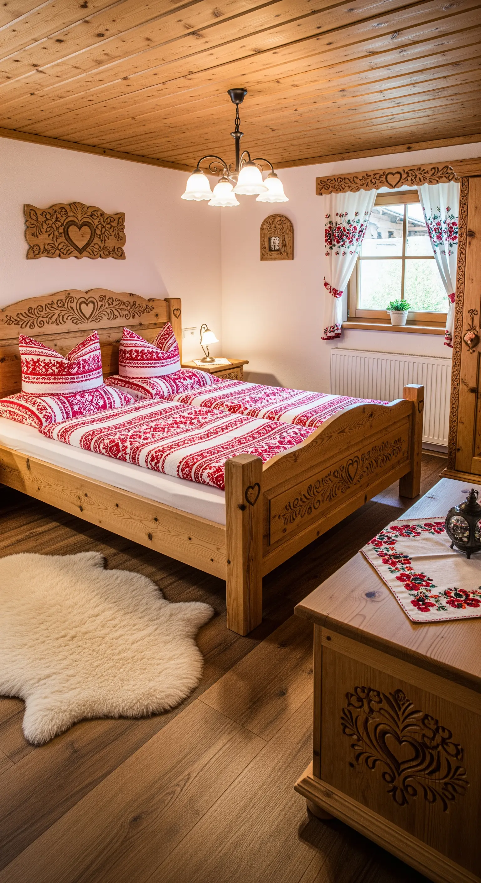 Camera da letto in stile alpino con letto e mobili in legno intagliato e biancheria a motivi folk rossi.