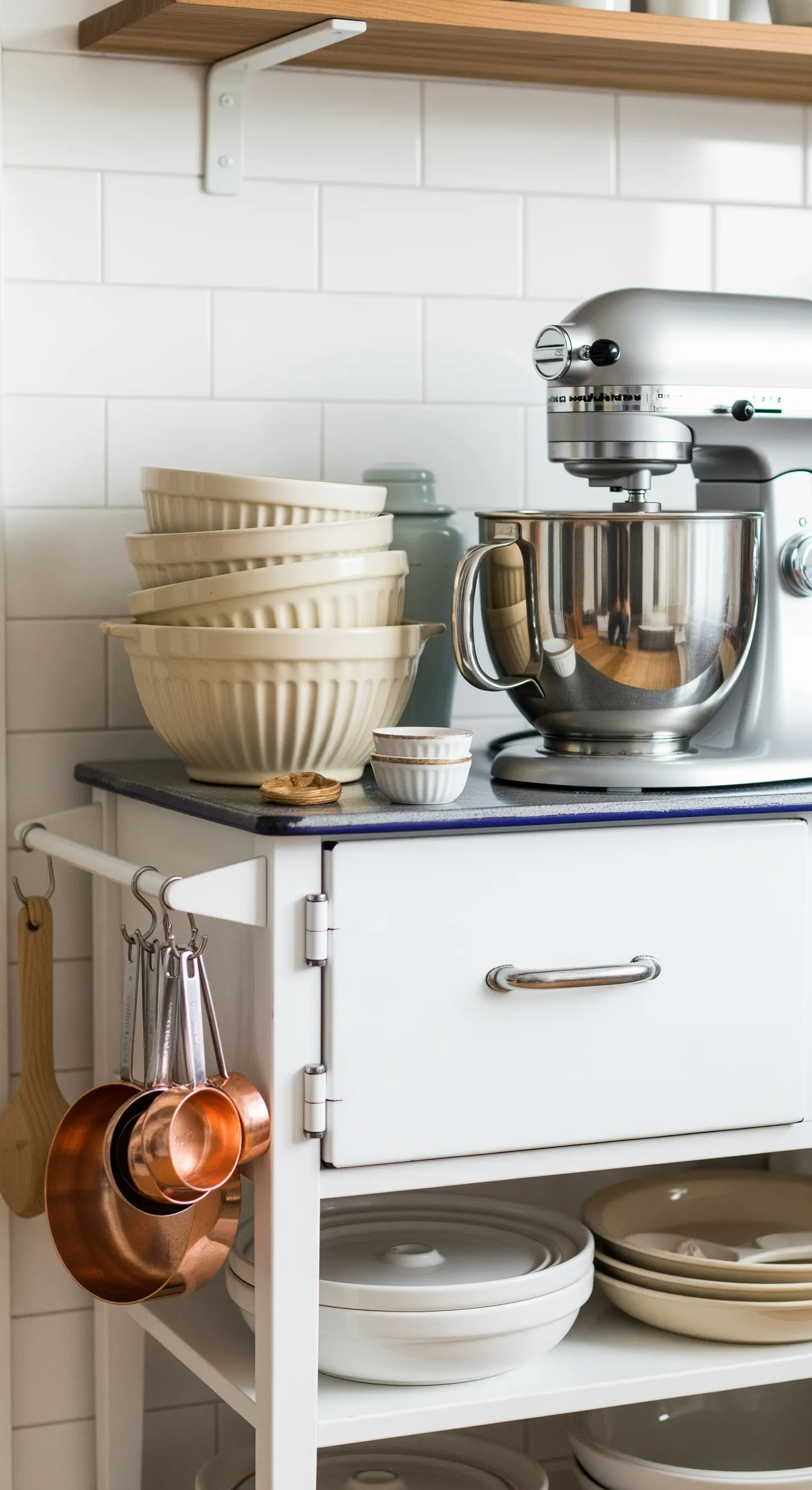 Carrello da cucina vintage bianco con sopra un'impastatrice moderna e ciotole in ceramica.