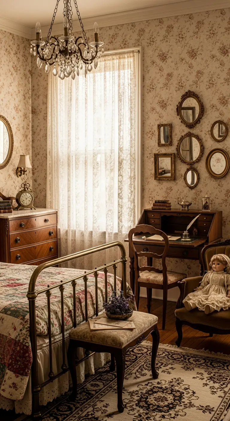 Camera da letto in stile vittoriano con mobili antichi, specchi ovali e tende di pizzo ricamato.