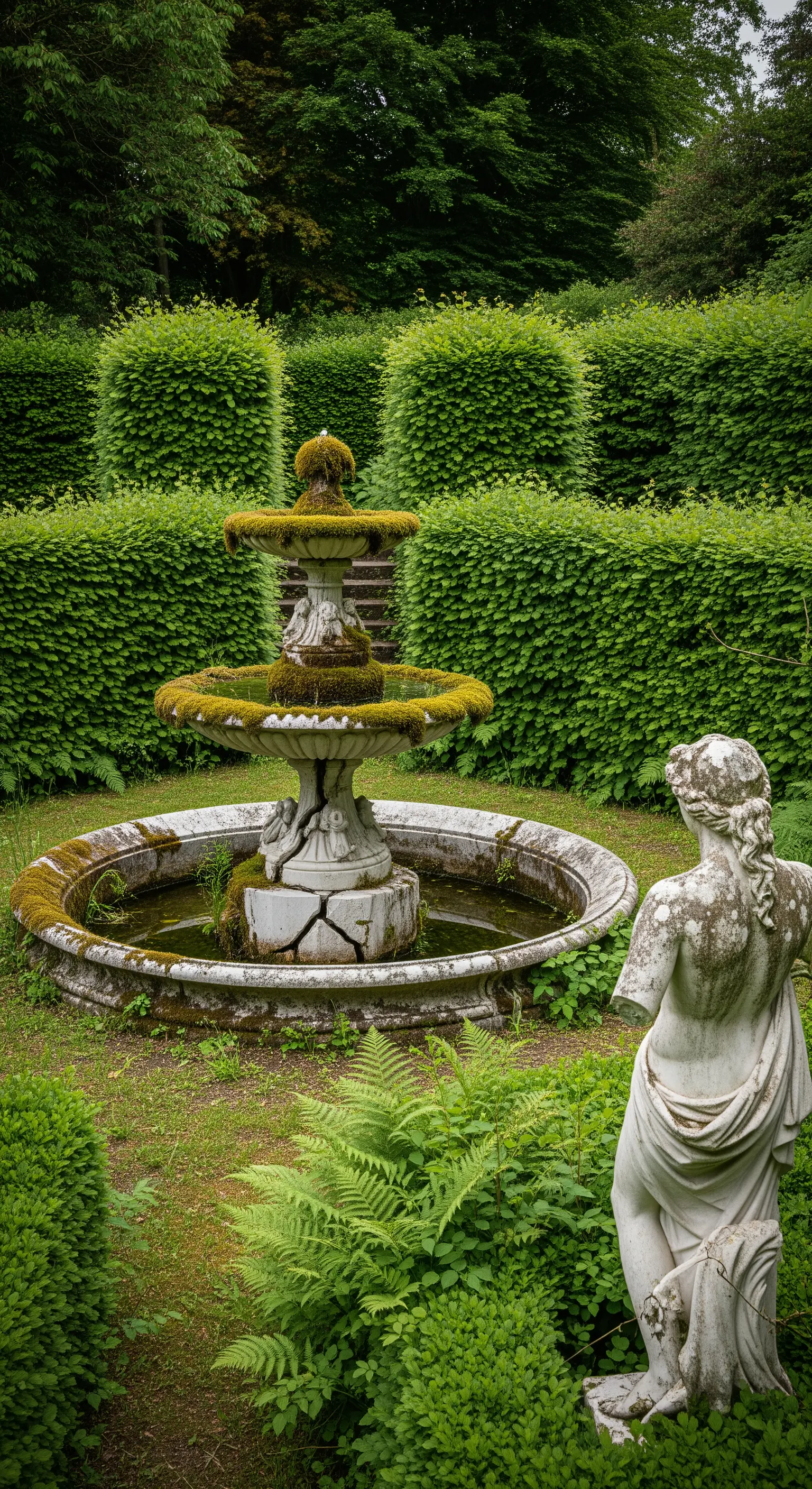Fontana antica coperta di muschio e statua rovinata in un giardino dall'aspetto selvaggio.