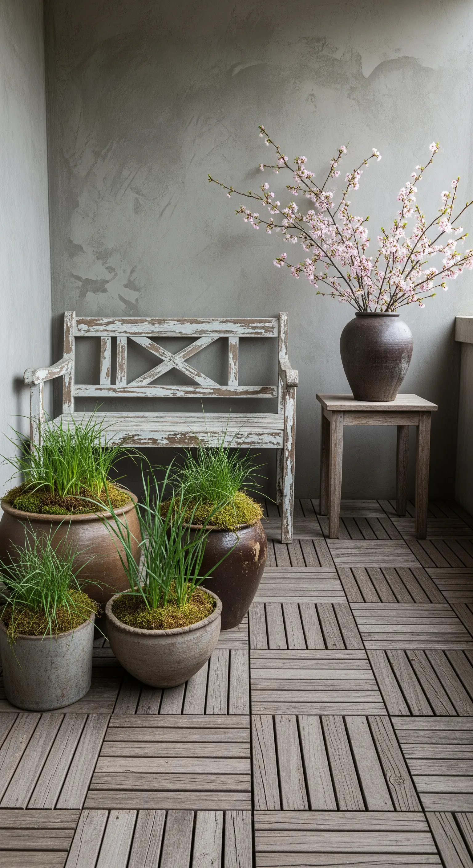 Angolo balcone con panca in legno invecchiato, vasi rustici e rami di ciliegio in fiore.