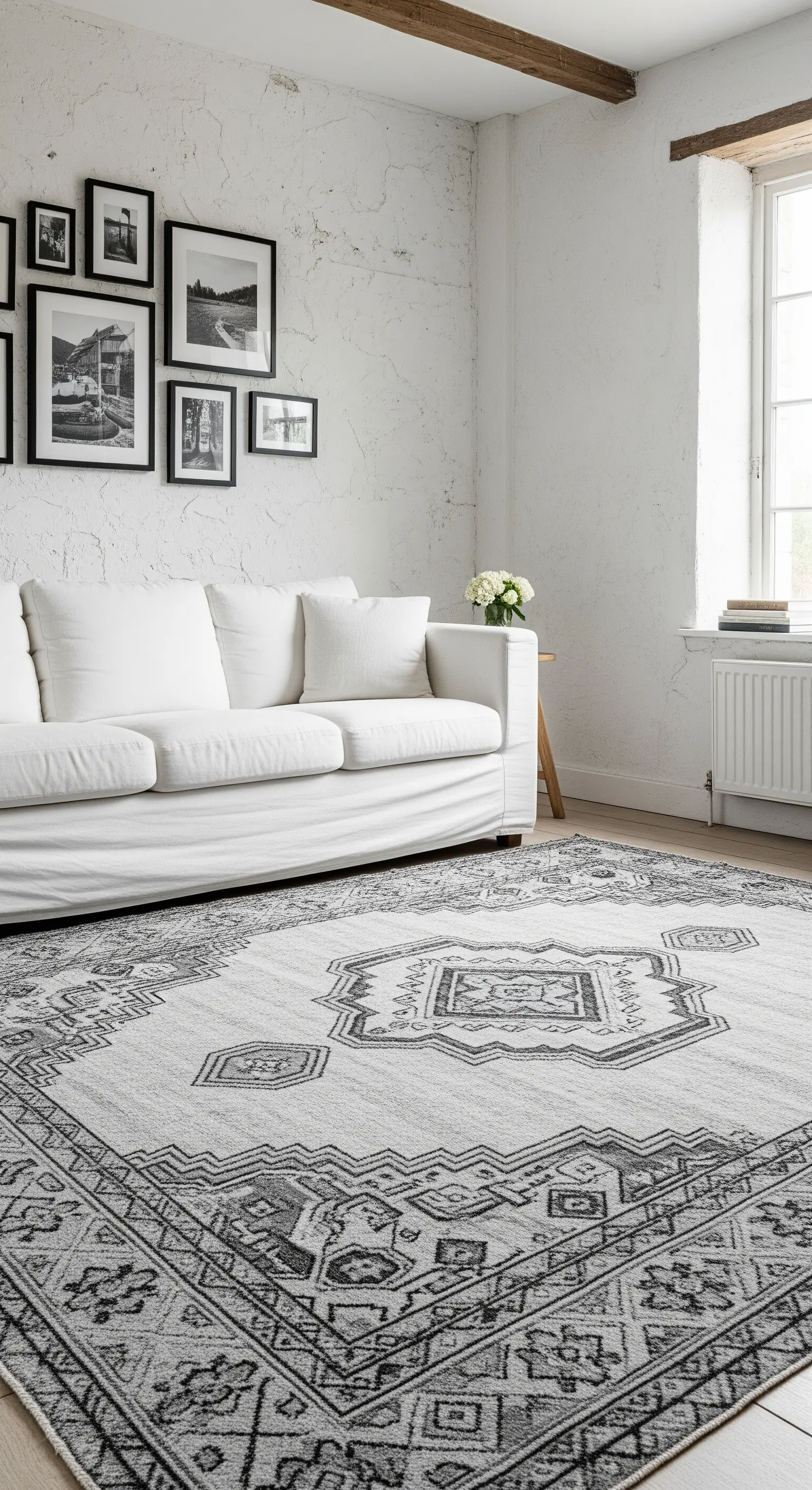 Salotto rustico con pareti bianche texturizzate, divano bianco e tappeto a motivi etnici.