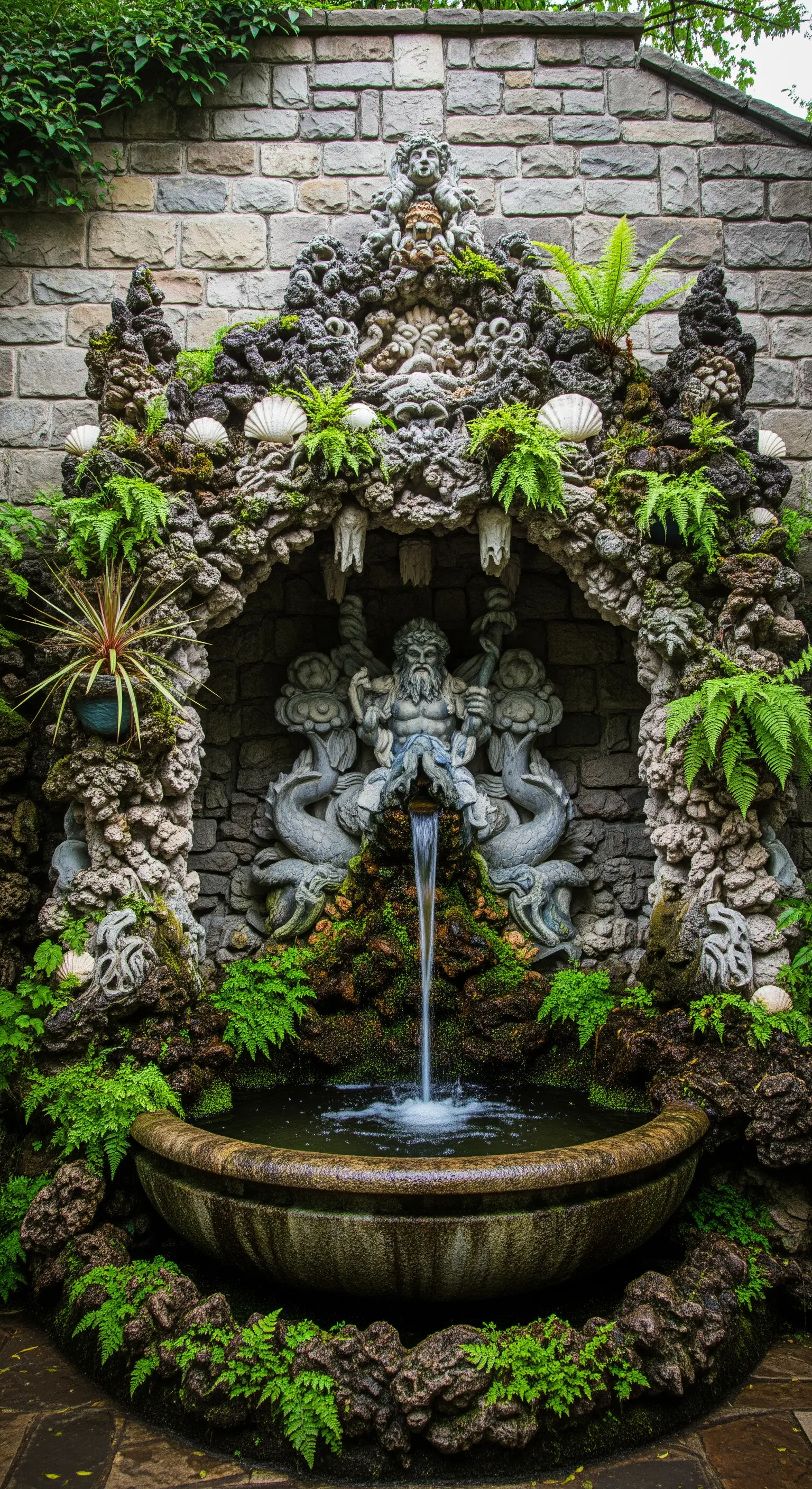 Fontana a grotta in pietra con una scultura di Nettuno, circondata da muschio e felci.