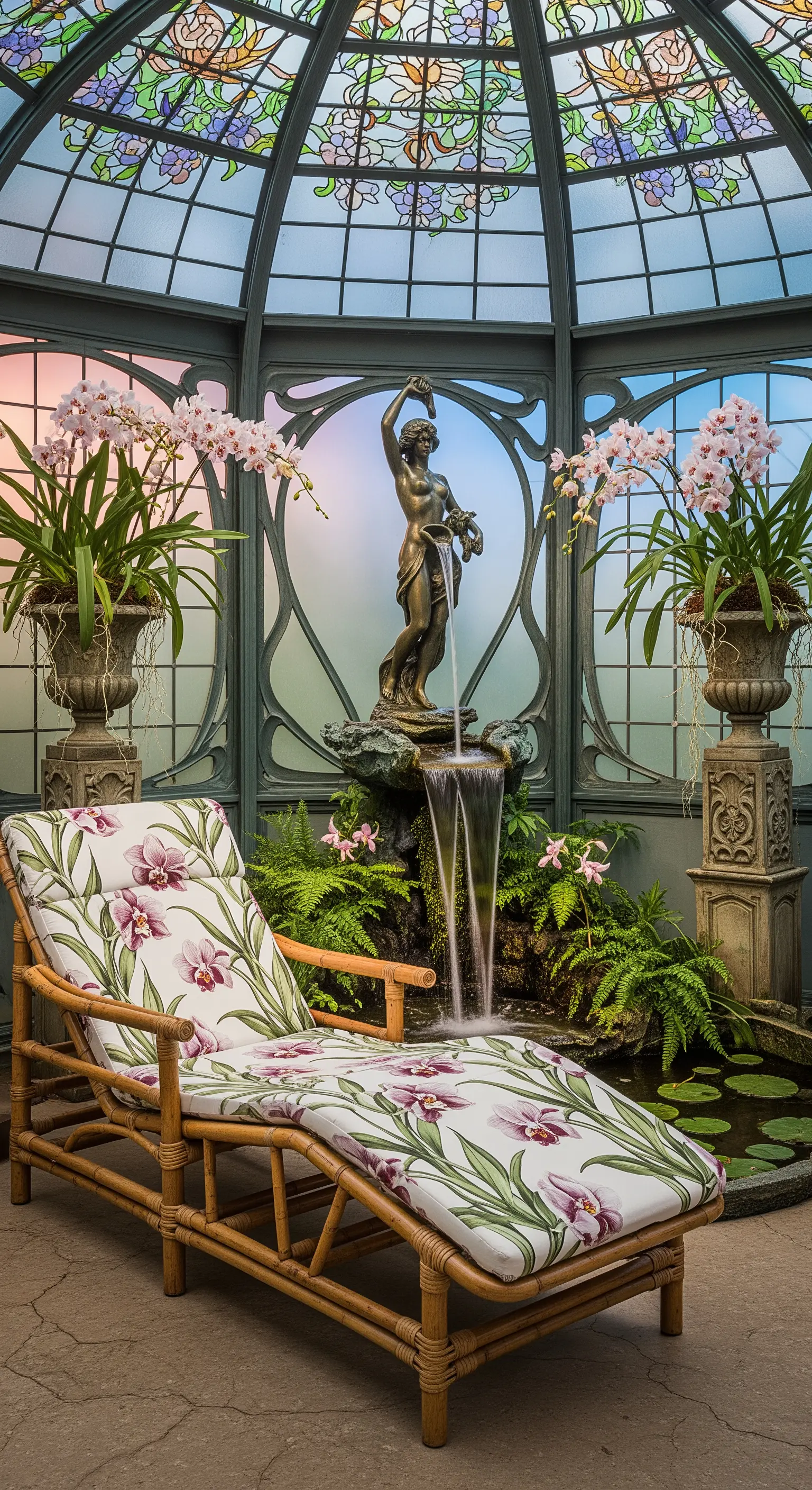 Serra in stile Art Nouveau con vetrate colorate, statua-fontana e lettino con tessuto a orchidee.