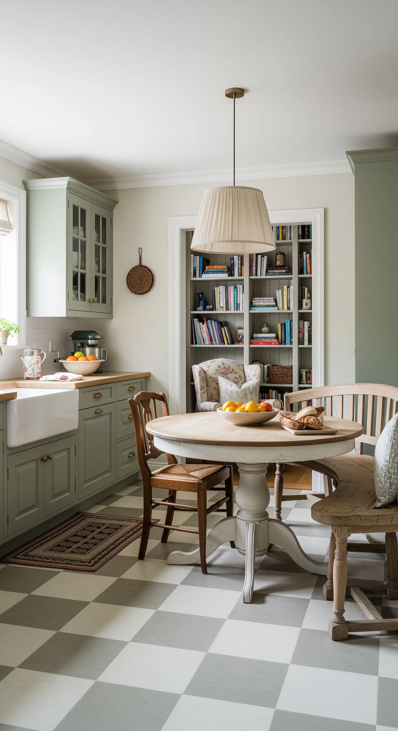 Cucina verde salvia con pavimento a scacchi, tavolo tondo e sedute spaiate.