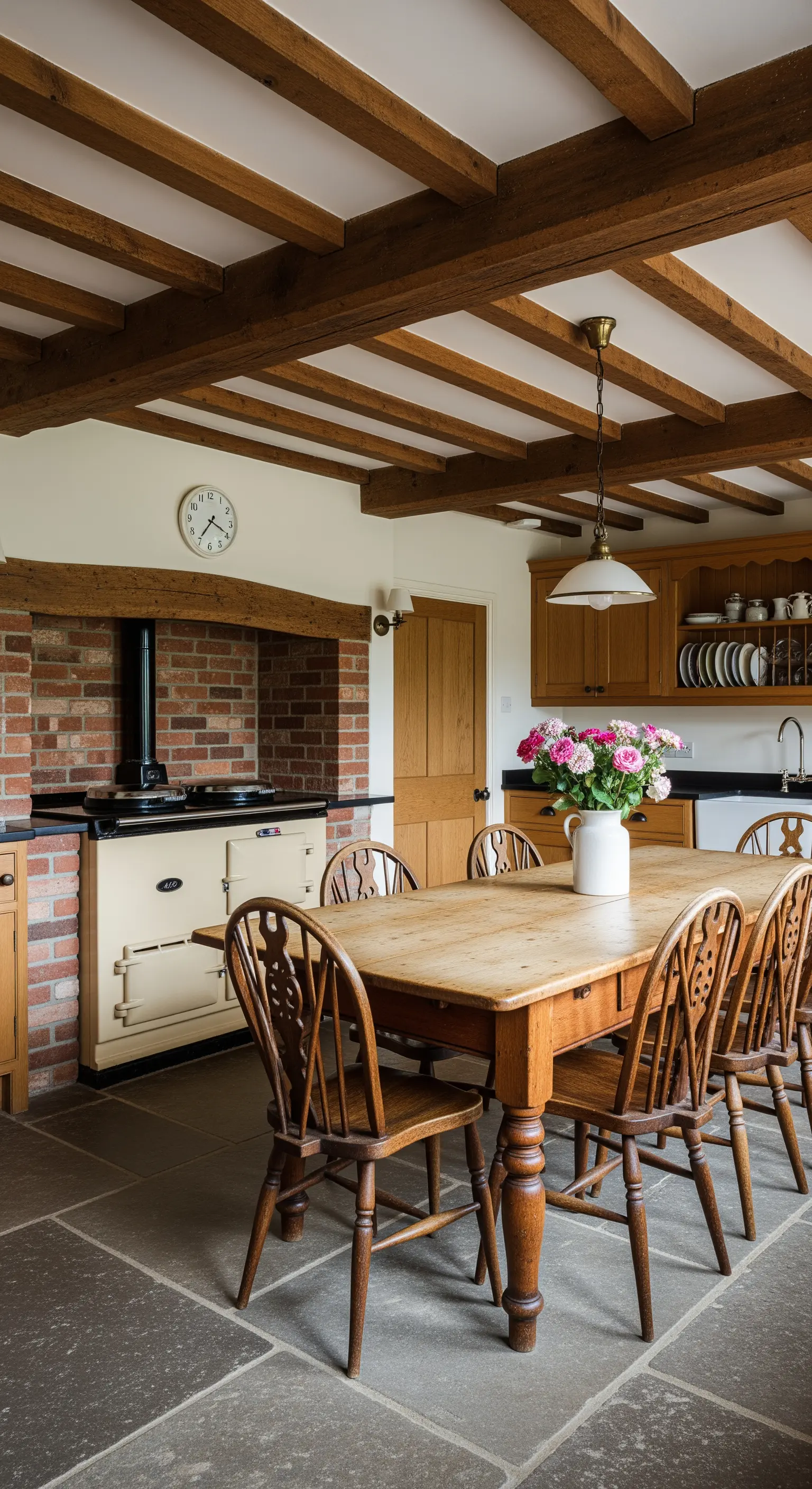 Cucina in stile cottage inglese con cucina economica color crema e mobili in legno.