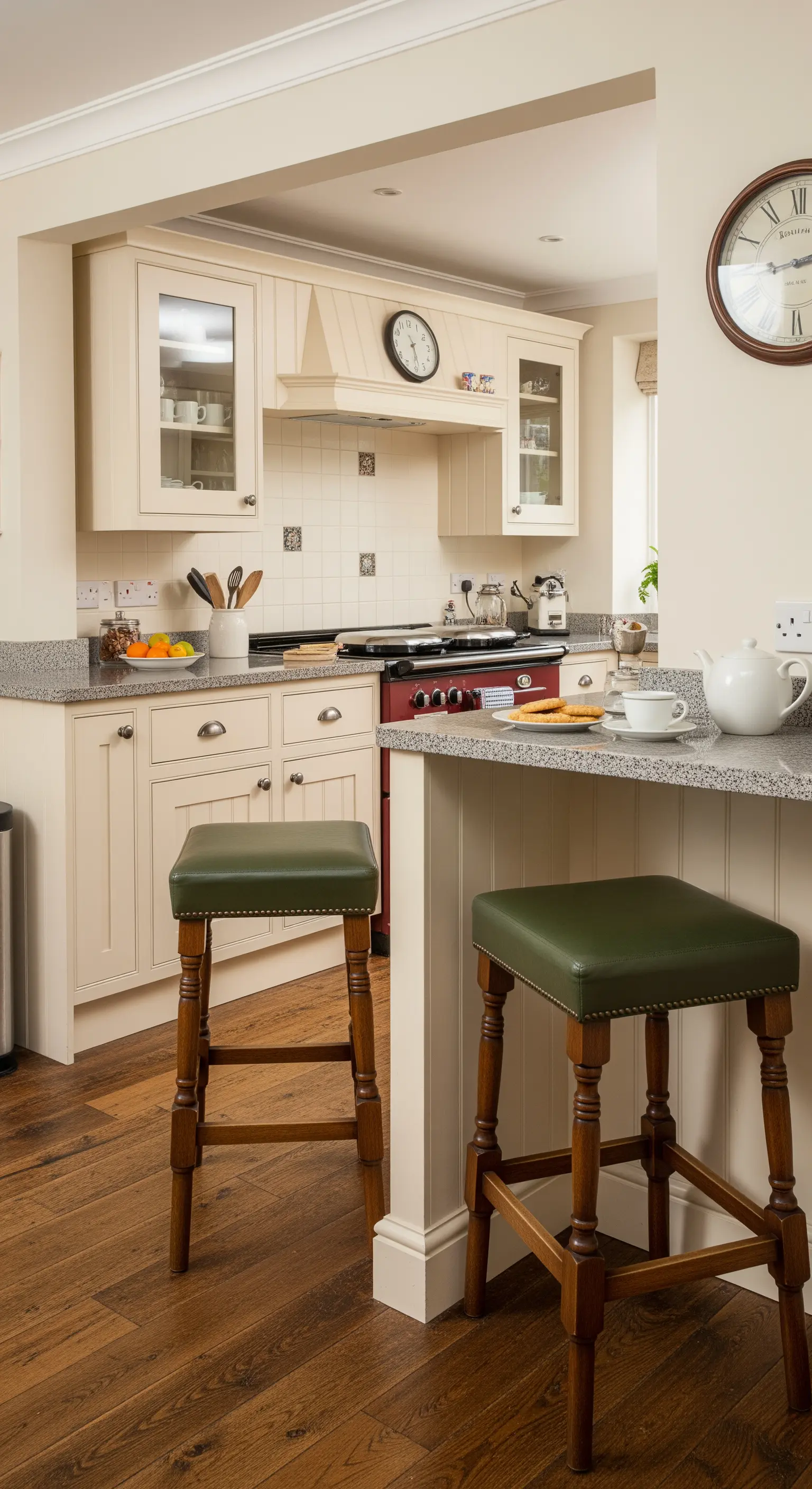 Cucina in stile country inglese con mobili color crema e sgabelli classici in pelle verde scuro.