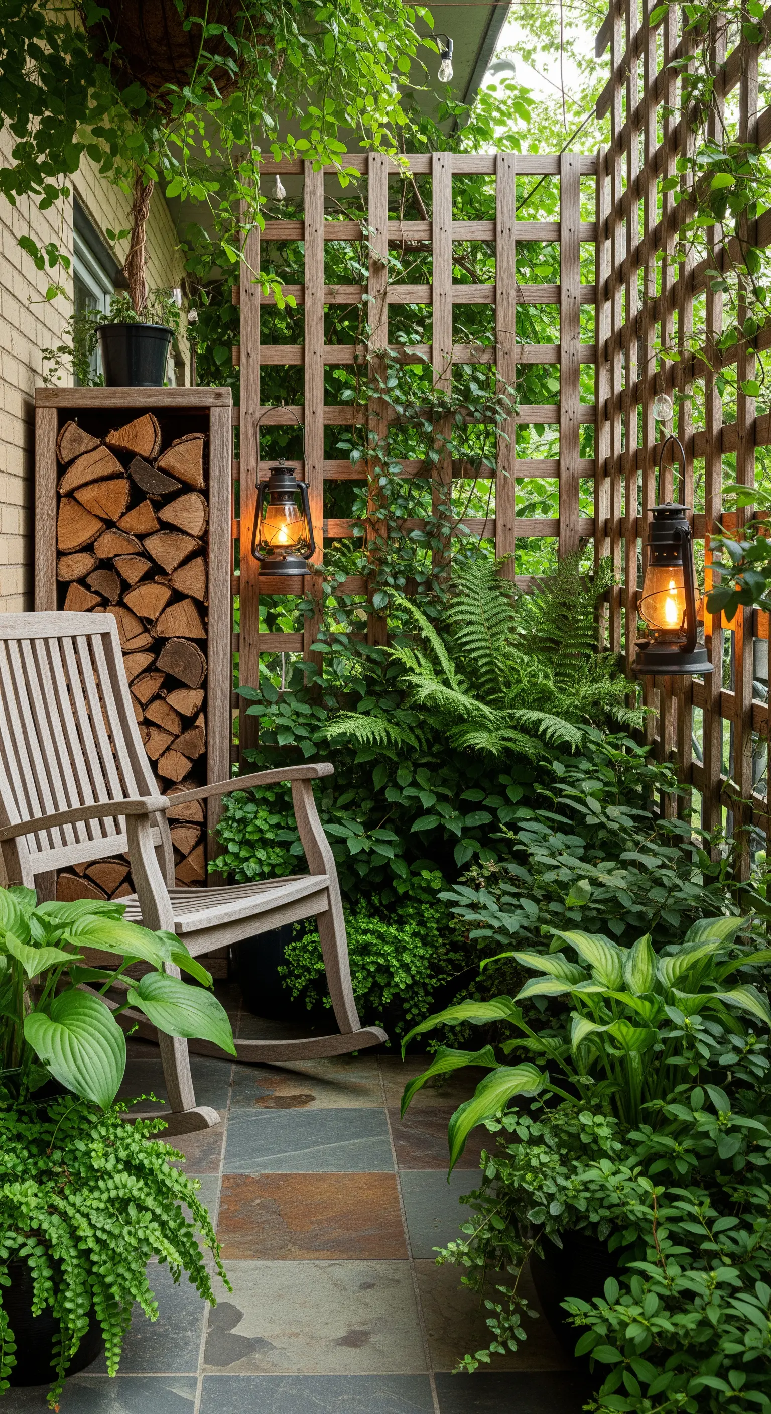 Angolo verde e ombreggiato con sedia a dondolo in legno, grigliati e piante rigogliose.