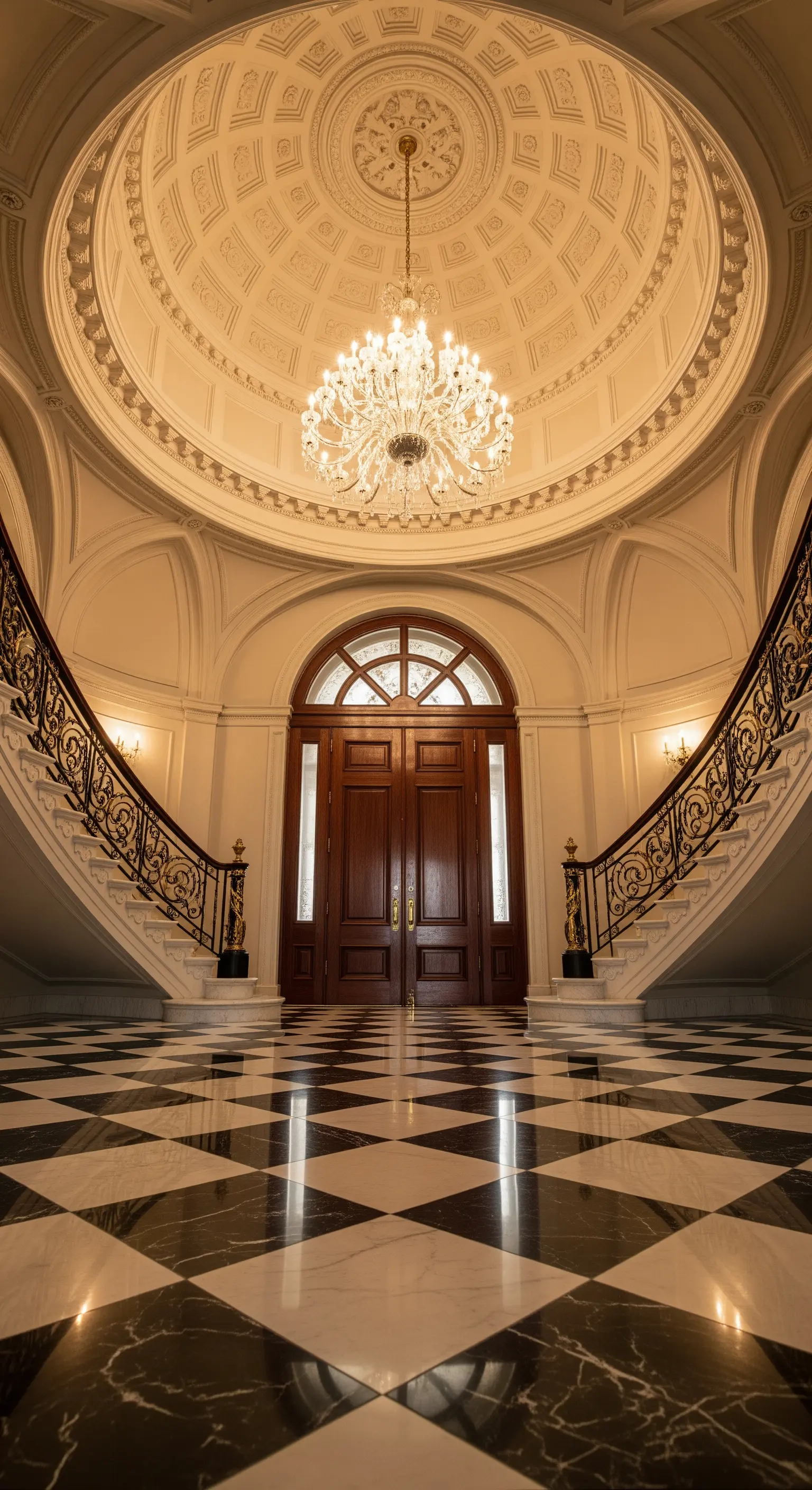 Ingresso maestoso con pavimento a scacchi, doppia scalinata e cupola con lampadario di cristallo.