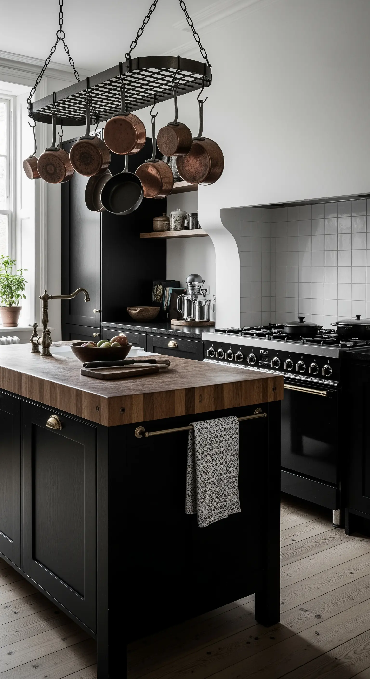 Cucina nera con isola dal top in legno massello e una griglia sospesa con pentole di rame.