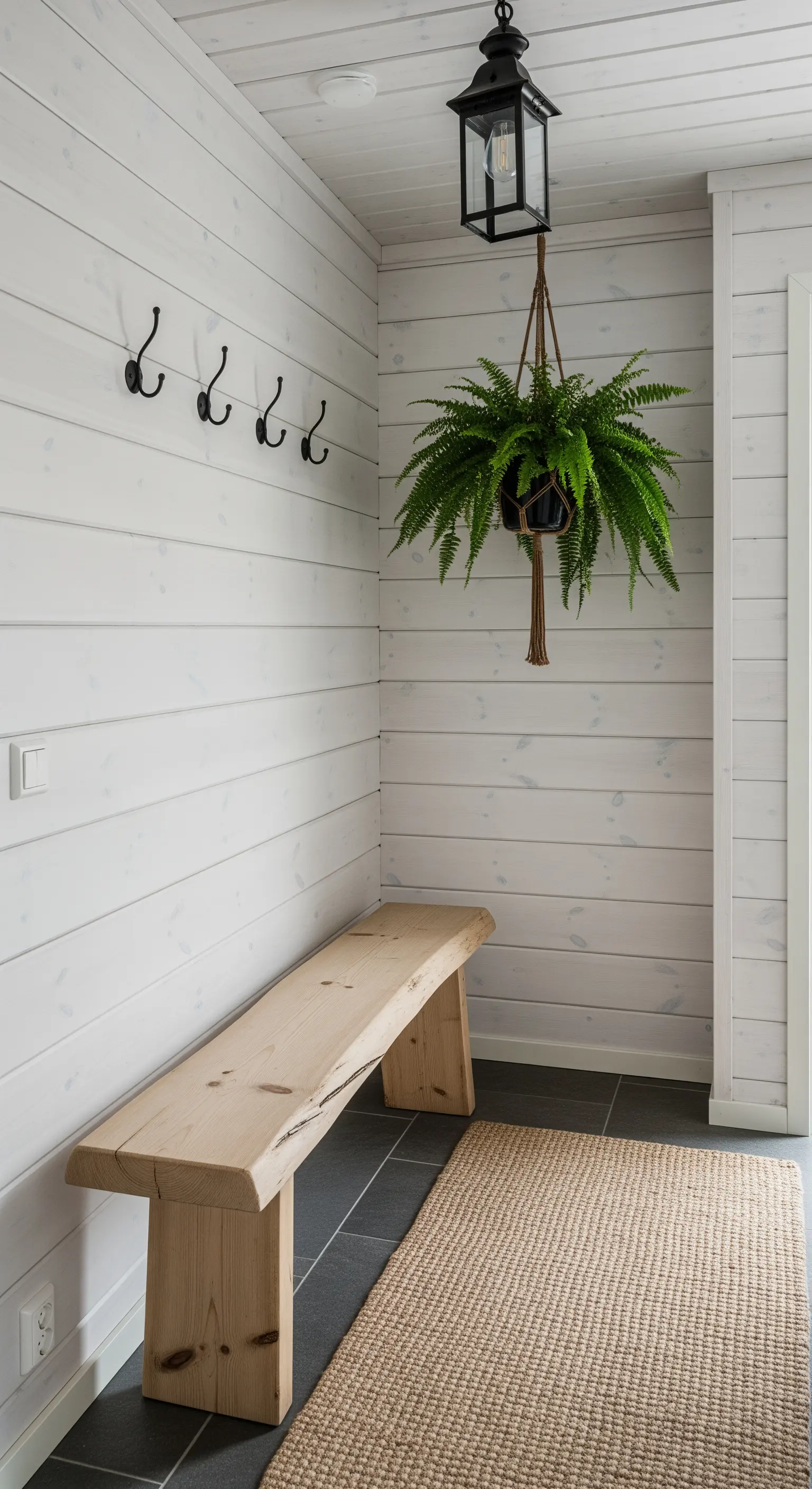 Angolo d'ingresso con panca in legno grezzo, pareti perlinate bianche e pianta sospesa.