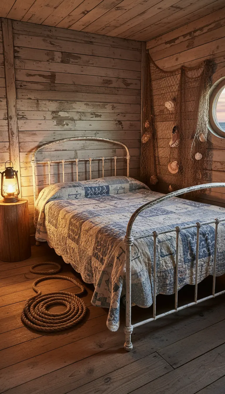 Letto vintage in ferro bianco in una cabina di legno con rete da pesca e lanterna.