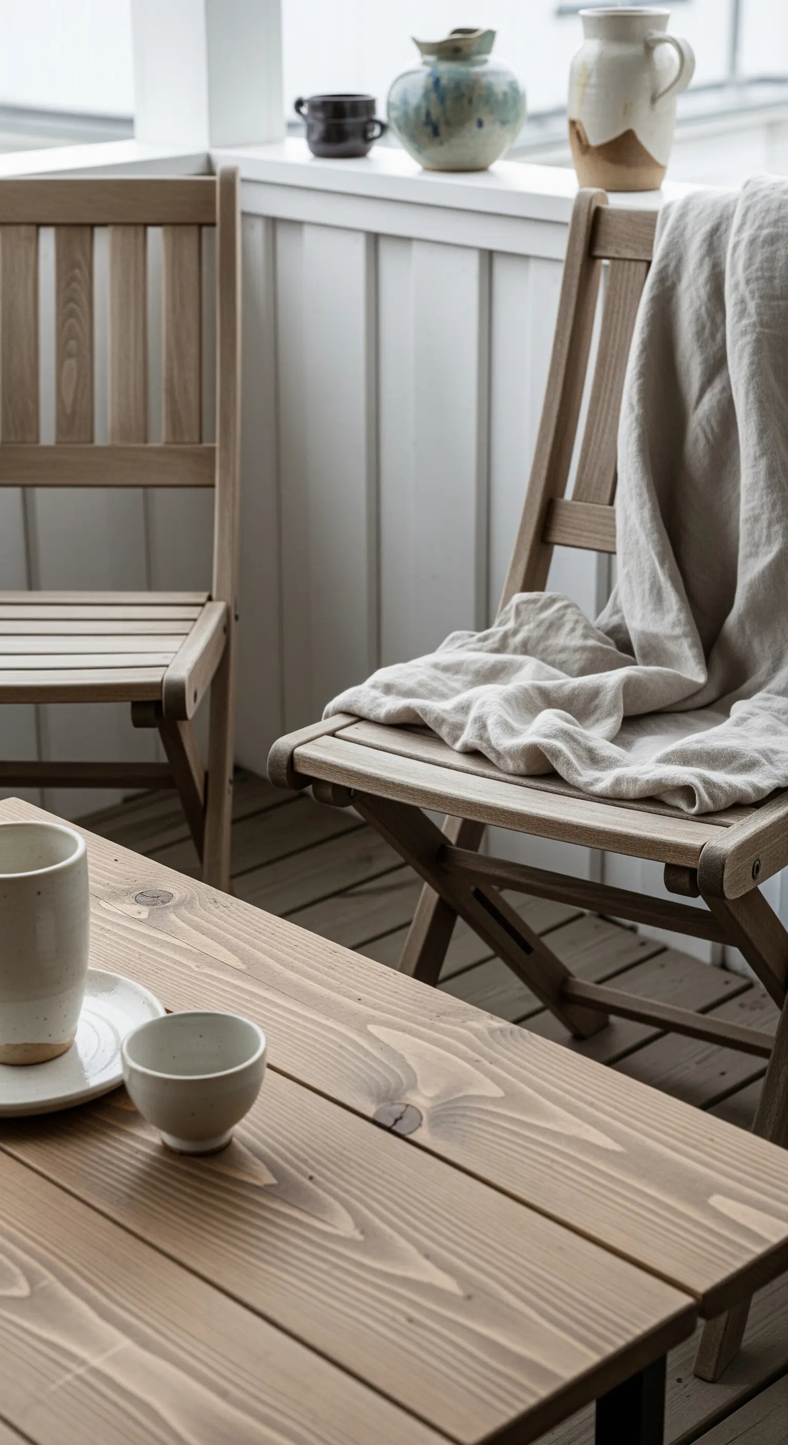 Dettaglio di un tavolo in legno con sedie e ceramiche artigianali dai toni neutri.