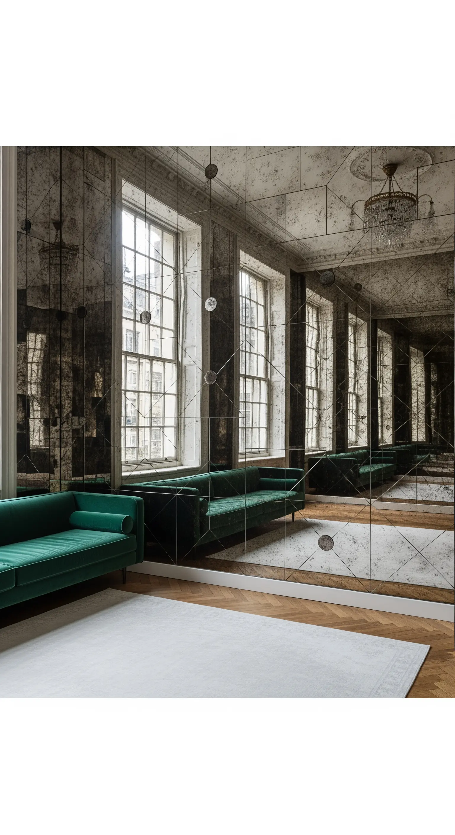 Intera parete rivestita di pannelli di specchio anticato in un salotto con divano verde.