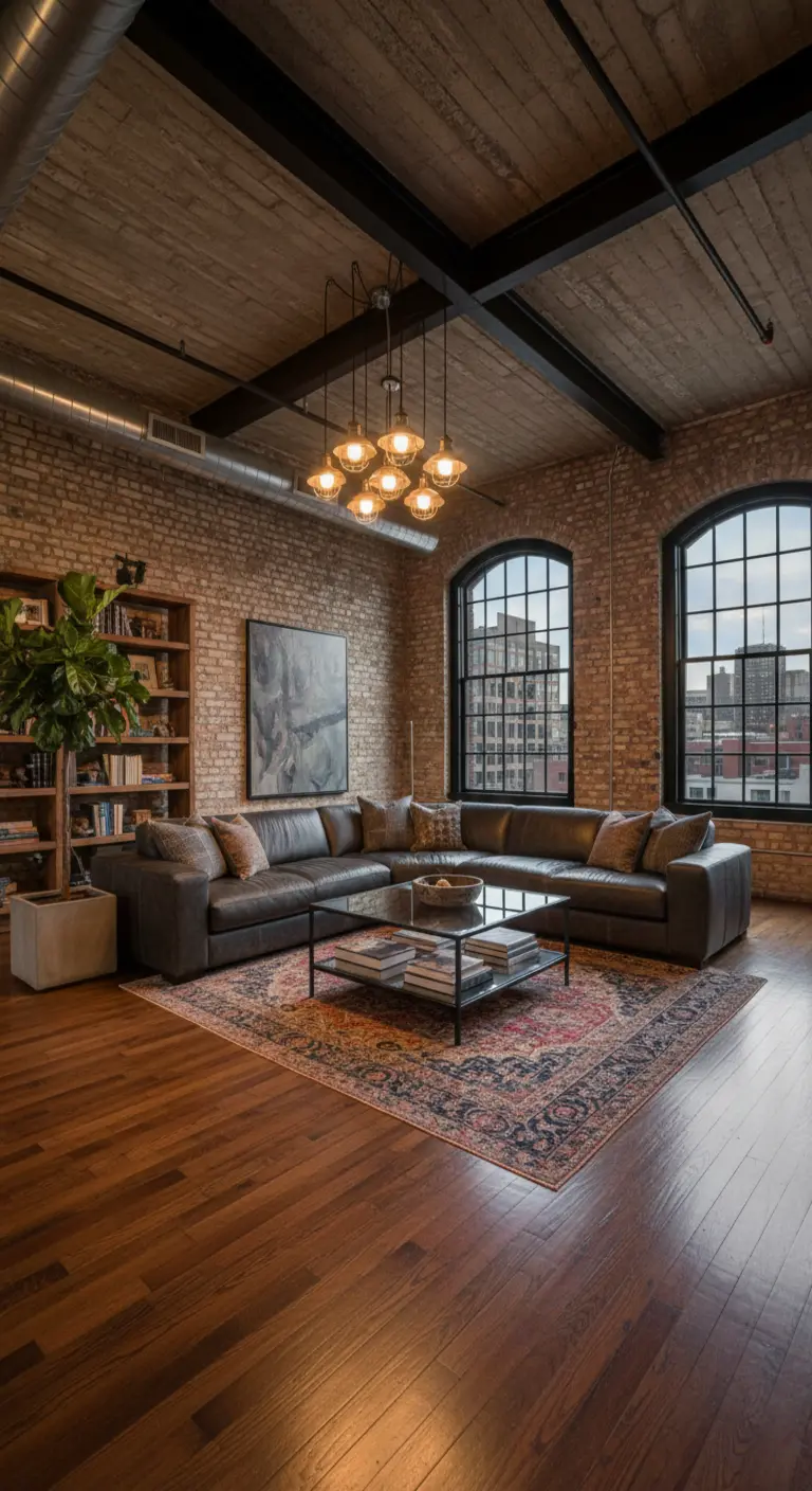Loft industriale con divano in pelle grigia, parete di mattoni e un grande tappeto persiano.
