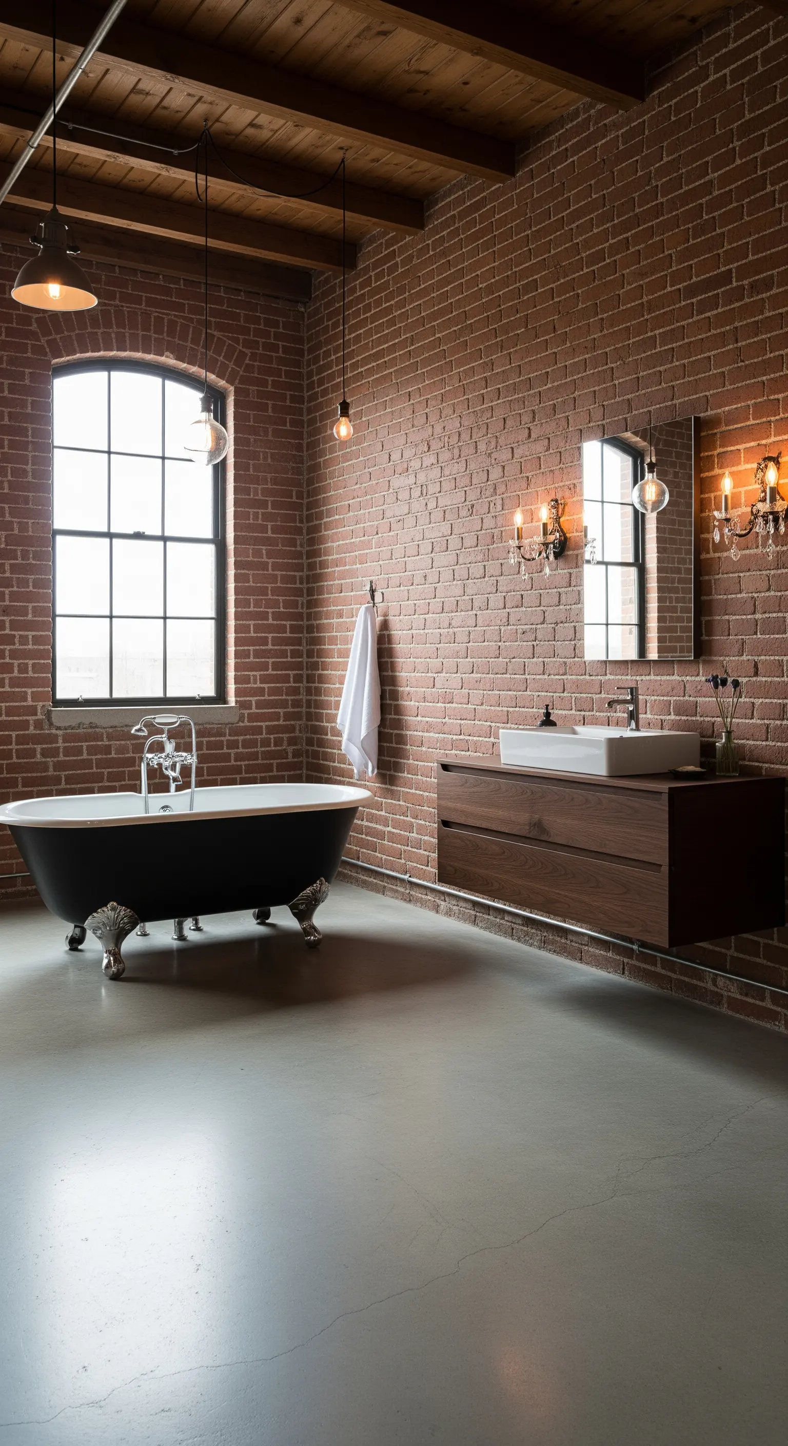 Bagno in stile industriale con vasca vintage nera, parete in mattoni e mobile sospeso.