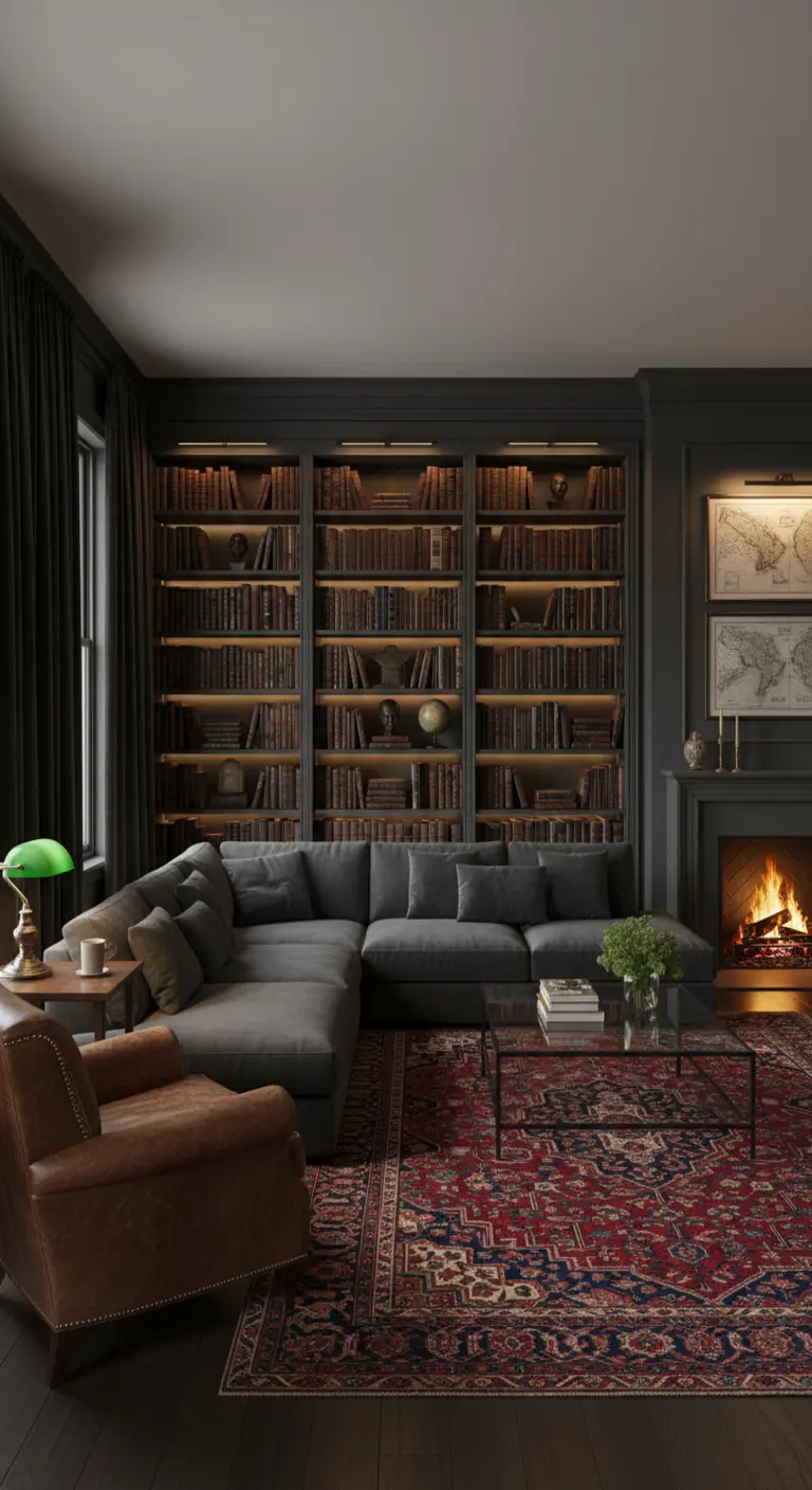 Soggiorno scuro con libreria a tutta parete retroilluminata, divano grigio e camino acceso.