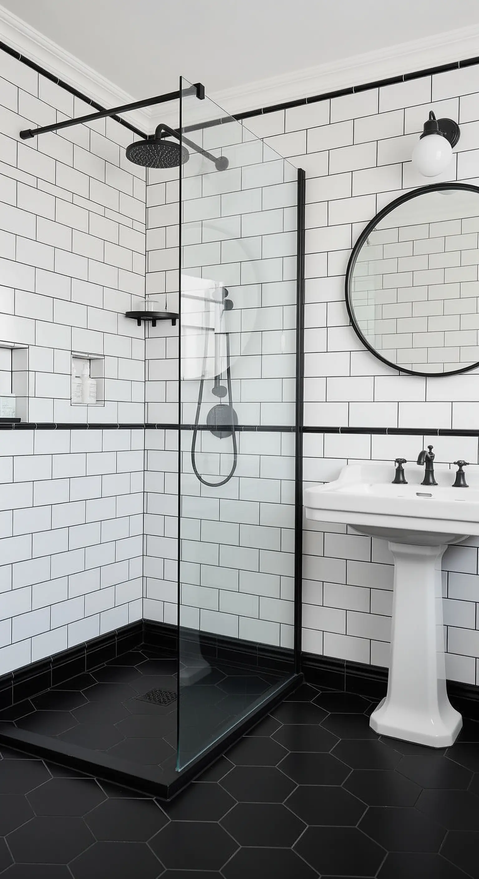 Bagno in bianco e nero con piastrelle a esagono, lavabo a colonna e doccia a vetro.