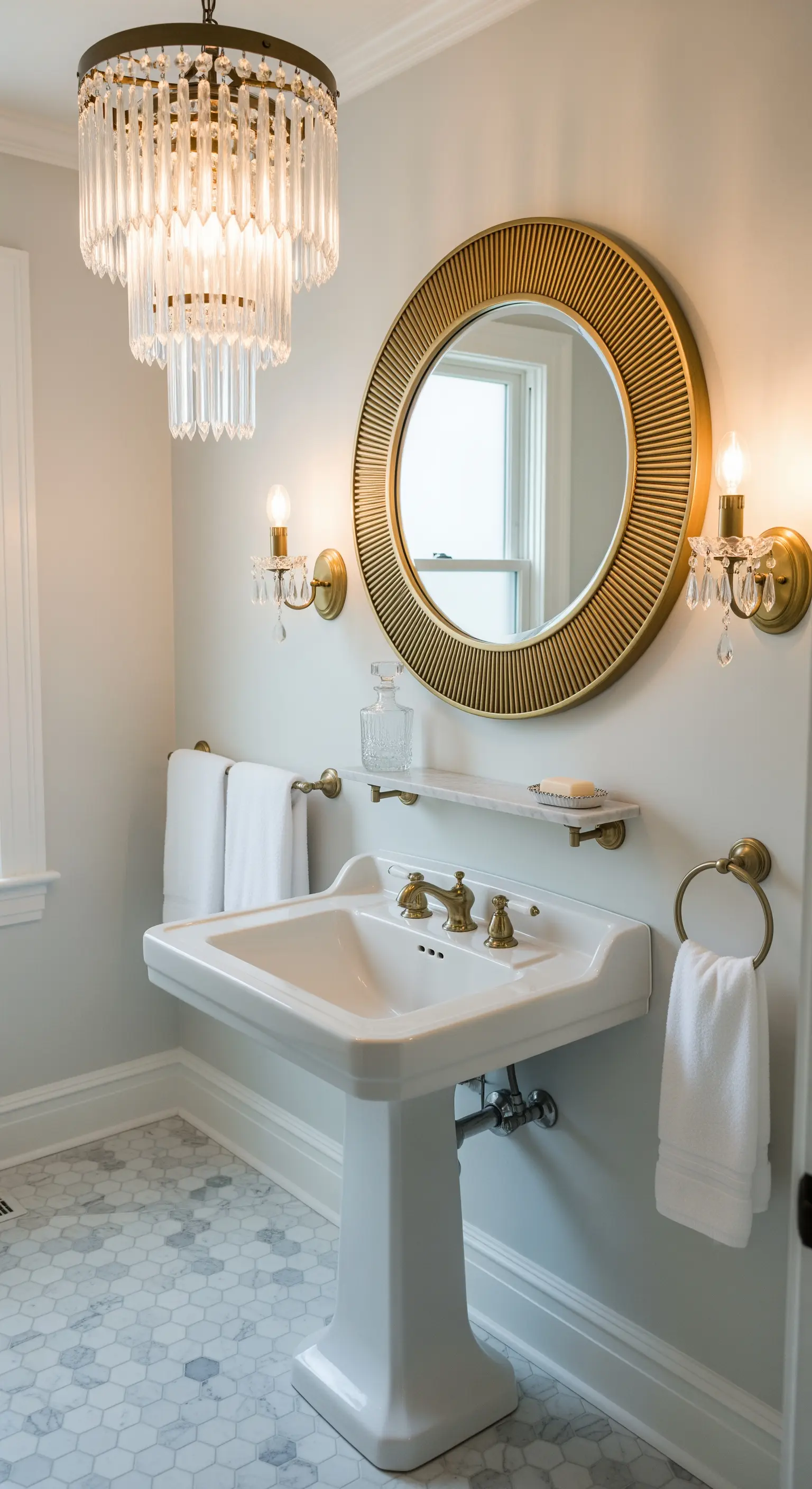 Bagno classico con lavabo a colonna, specchio rotondo dorato e pavimento a mosaico esagonale.