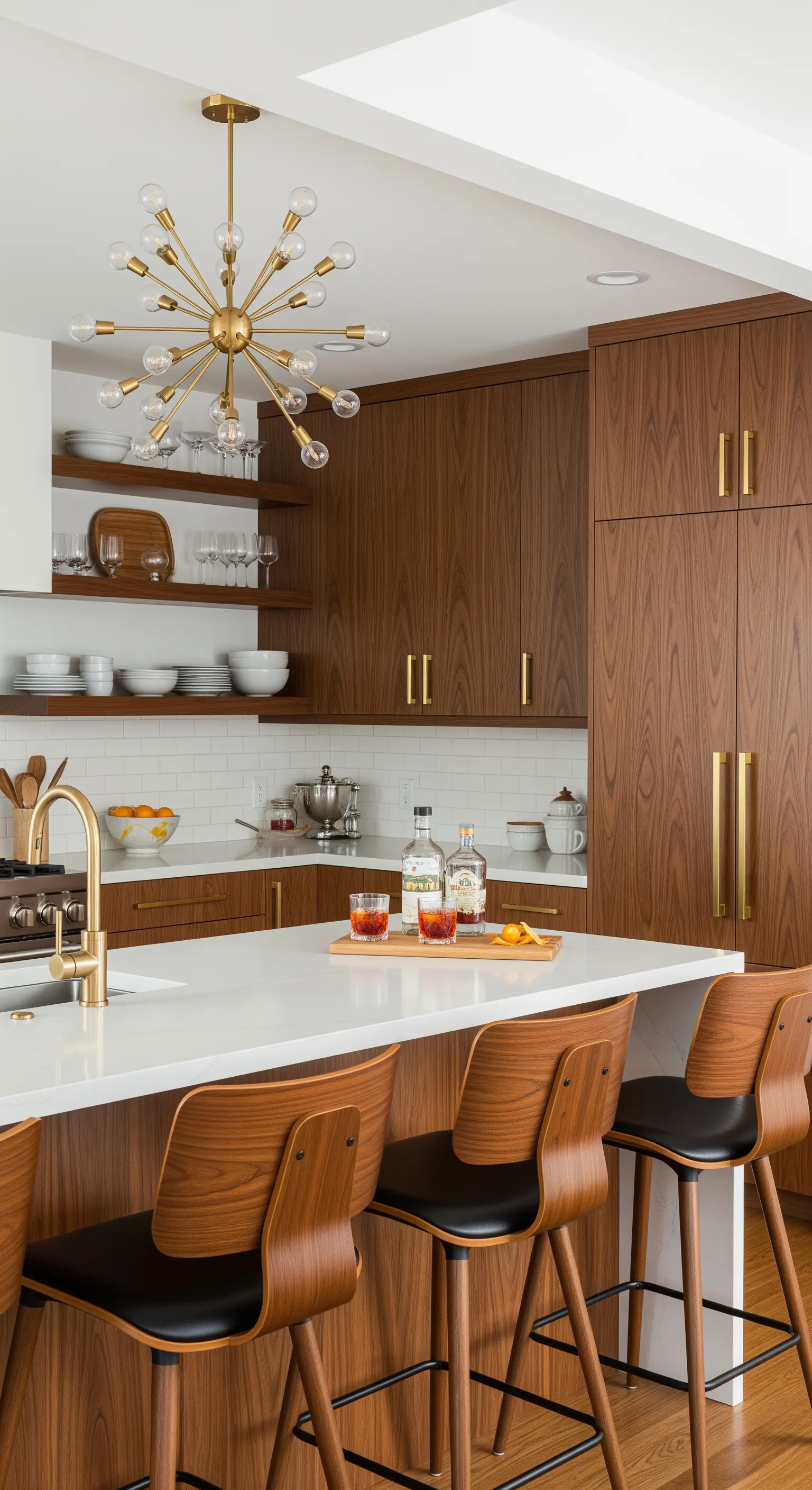 Cucina Mid-Century in noce con sgabelli di design in legno e pelle nera.