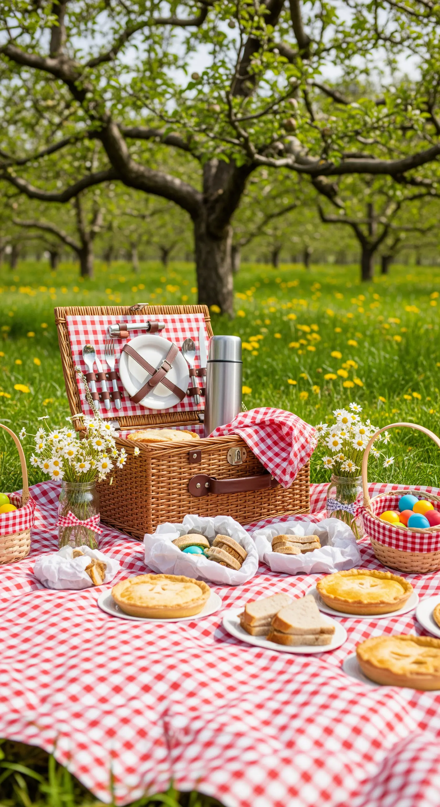 Picnic tradizionale in un prato fiorito con tovaglia a quadri rossa e cesto di vimini.