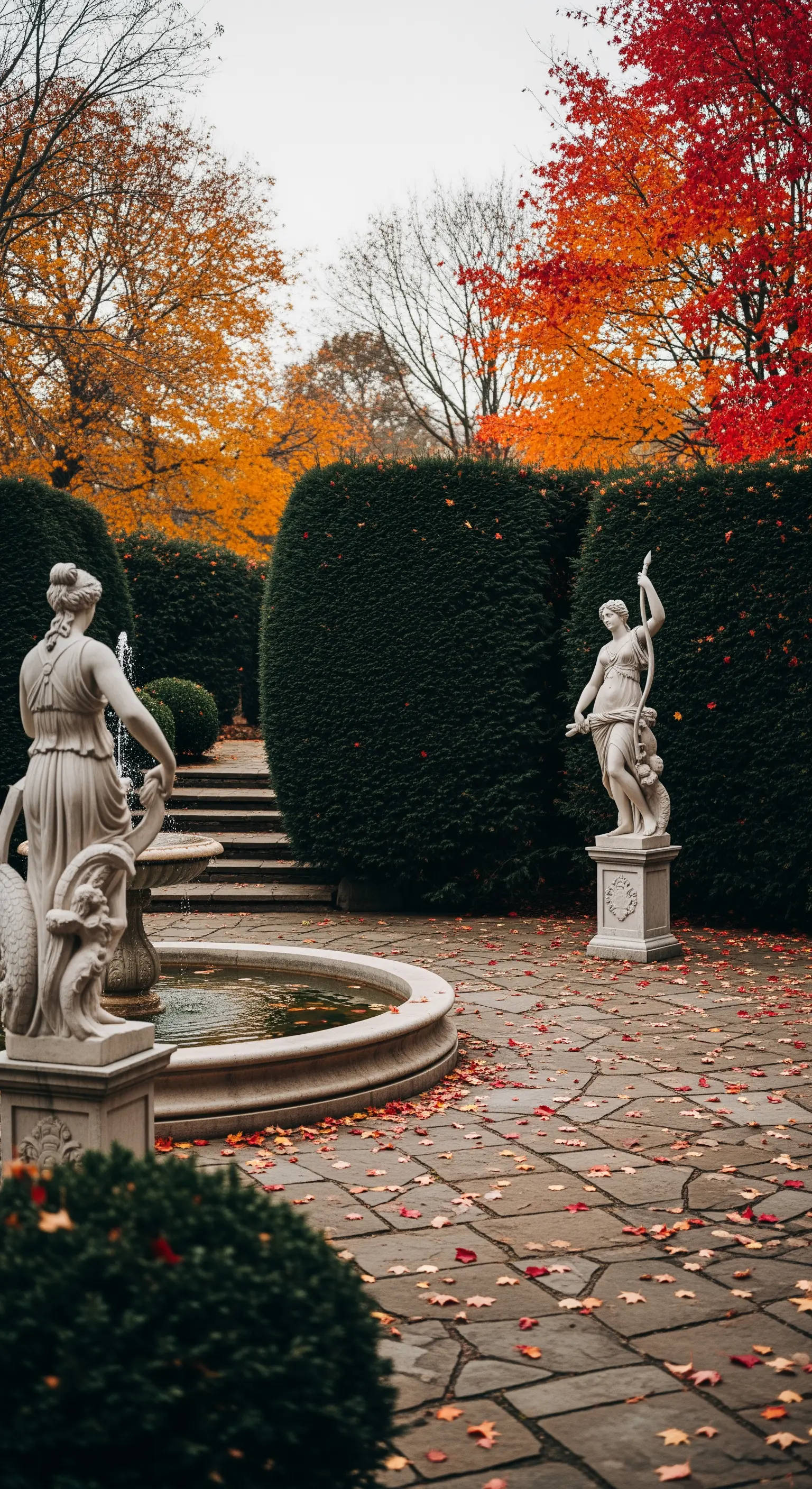 Giardino formale in autunno con foglie rosse cadute sul pavimento in pietra e attorno alle statue.