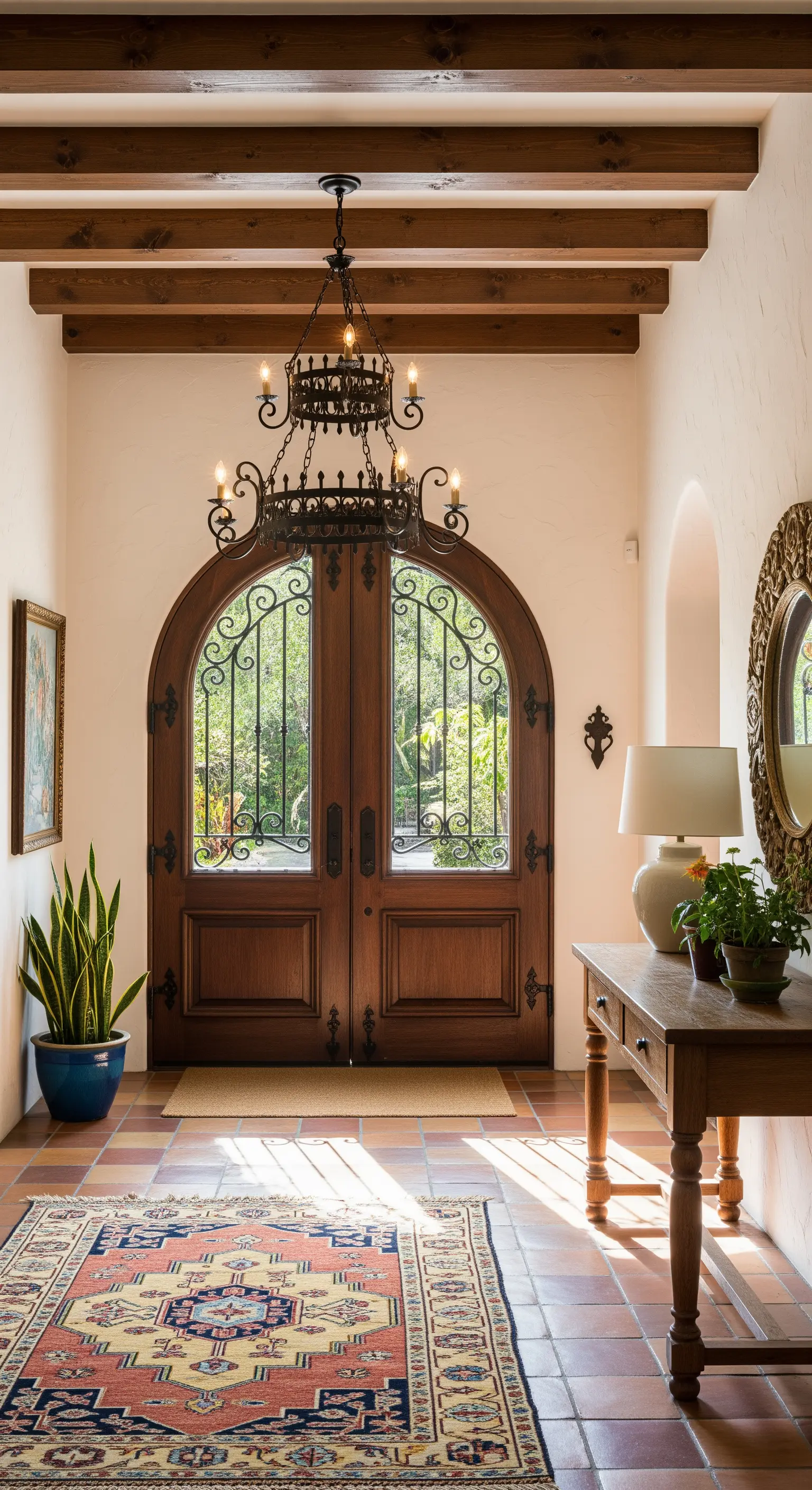 Ingresso in stile spagnolo con porta ad arco in legno e ferro e pavimento in cotto.