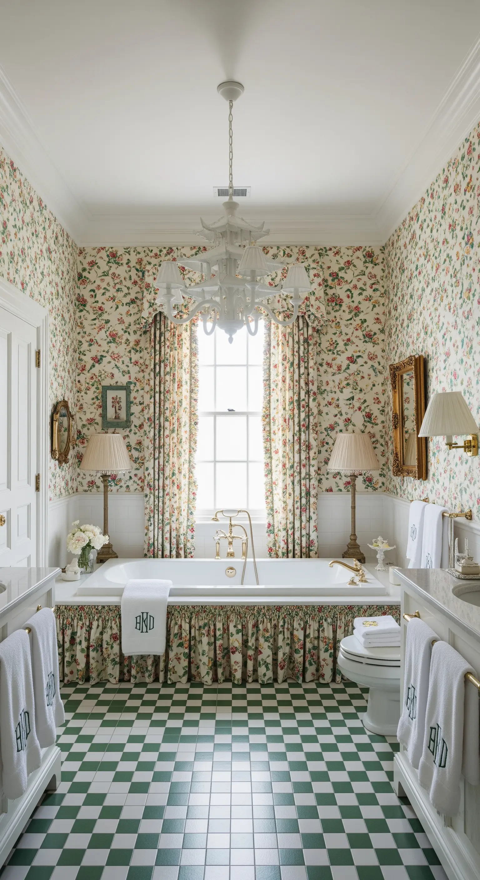 Bagno in stile Grandmillennial con carta da parati floreale, pavimento a scacchi e lampadario bianco.