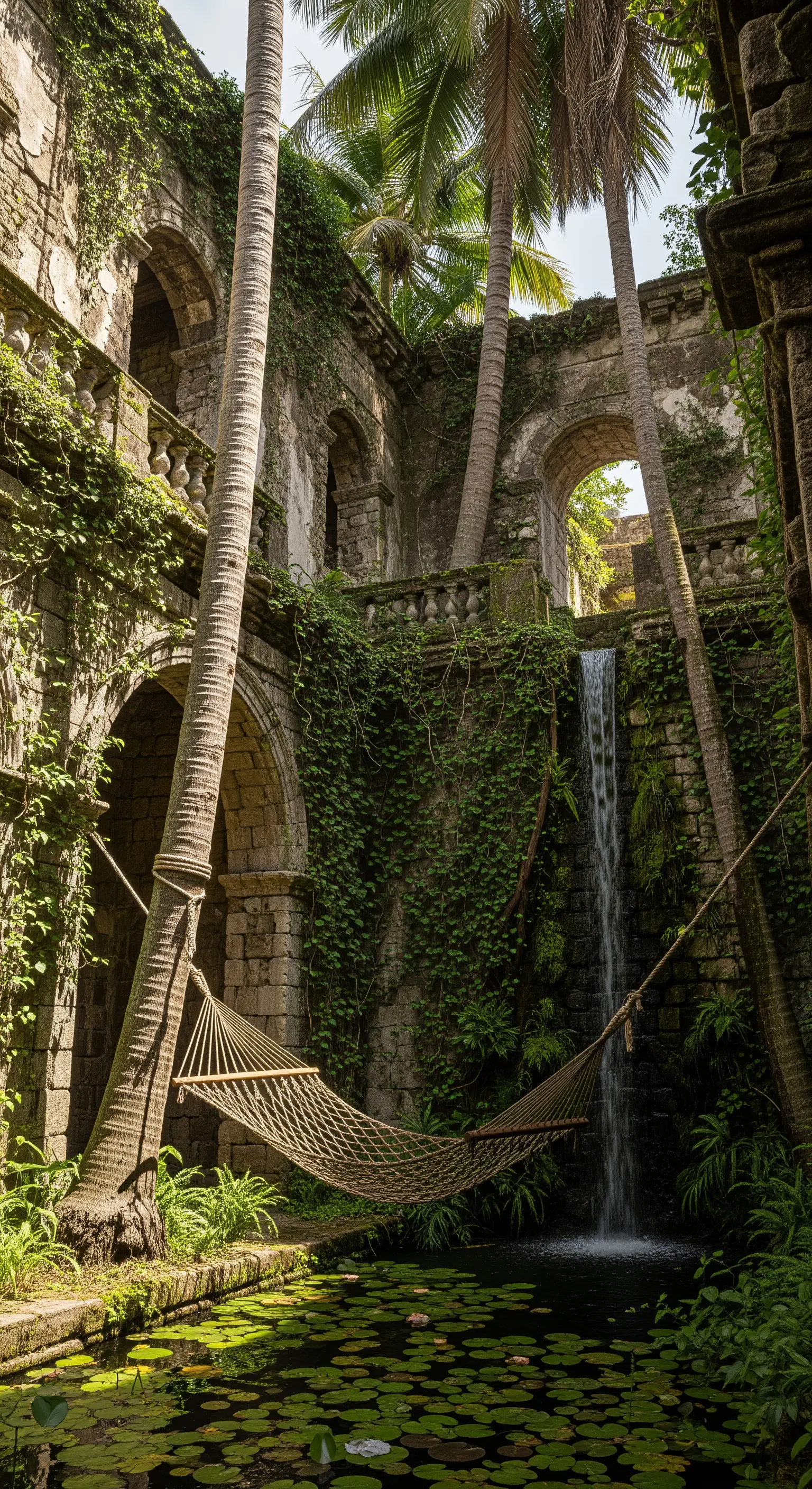 Amaca sospesa tra le rovine di un antico edificio in pietra con cascata.