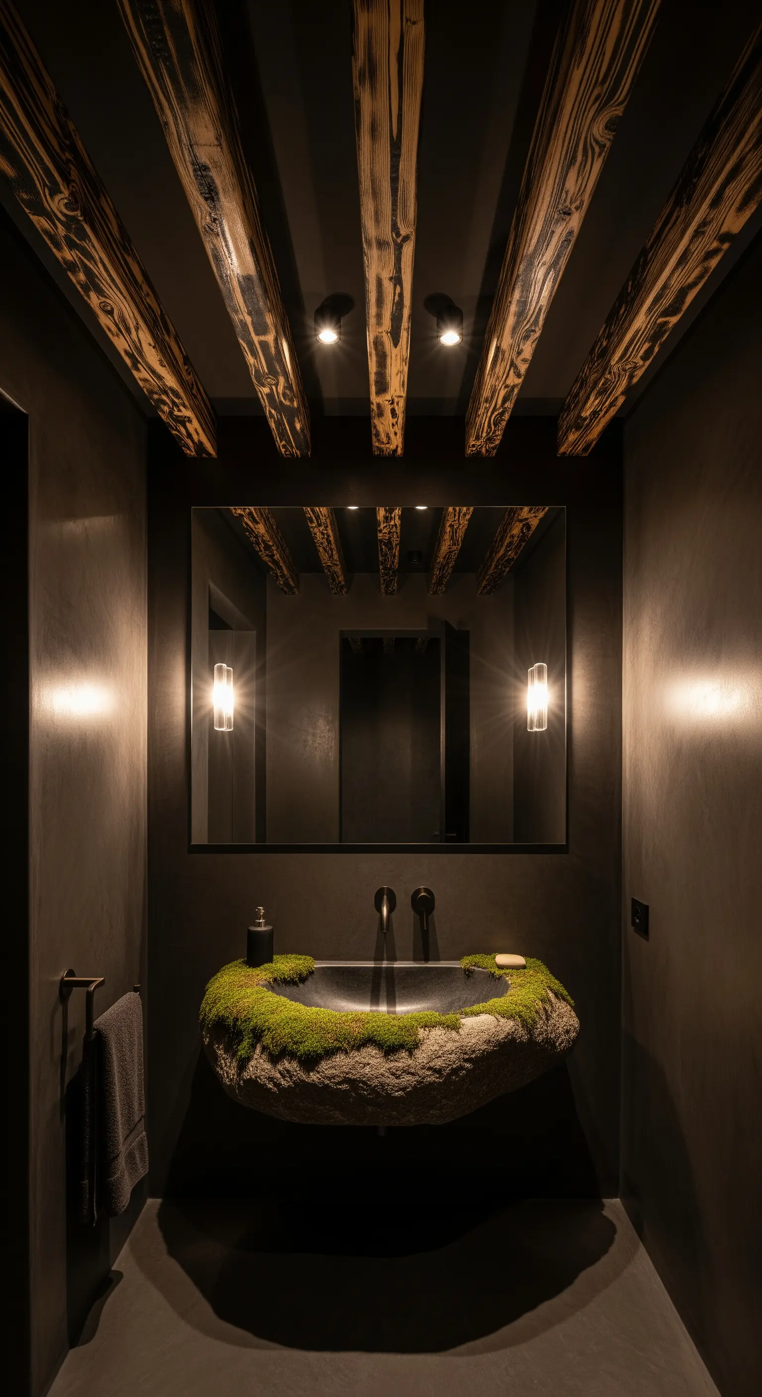 Bagno scuro e suggestivo con travi in legno bruciato e lavabo in pietra con muschio.