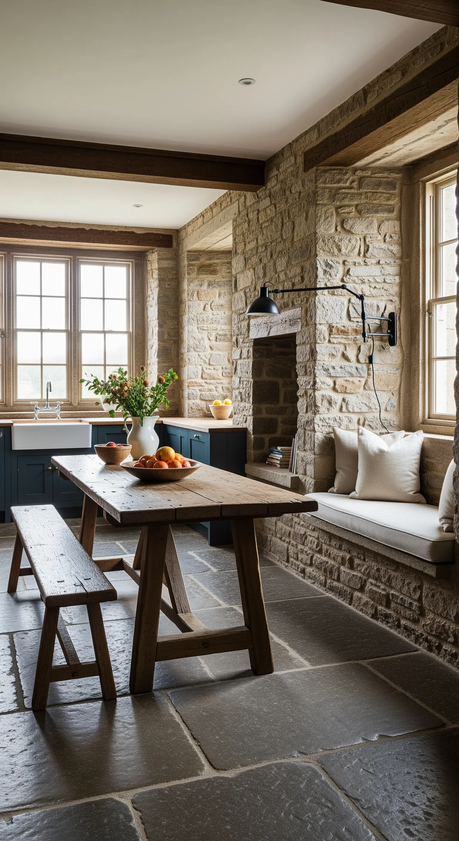 Cucina rustica con pareti in pietra a vista, panca in muratura e tavolo in legno grezzo.