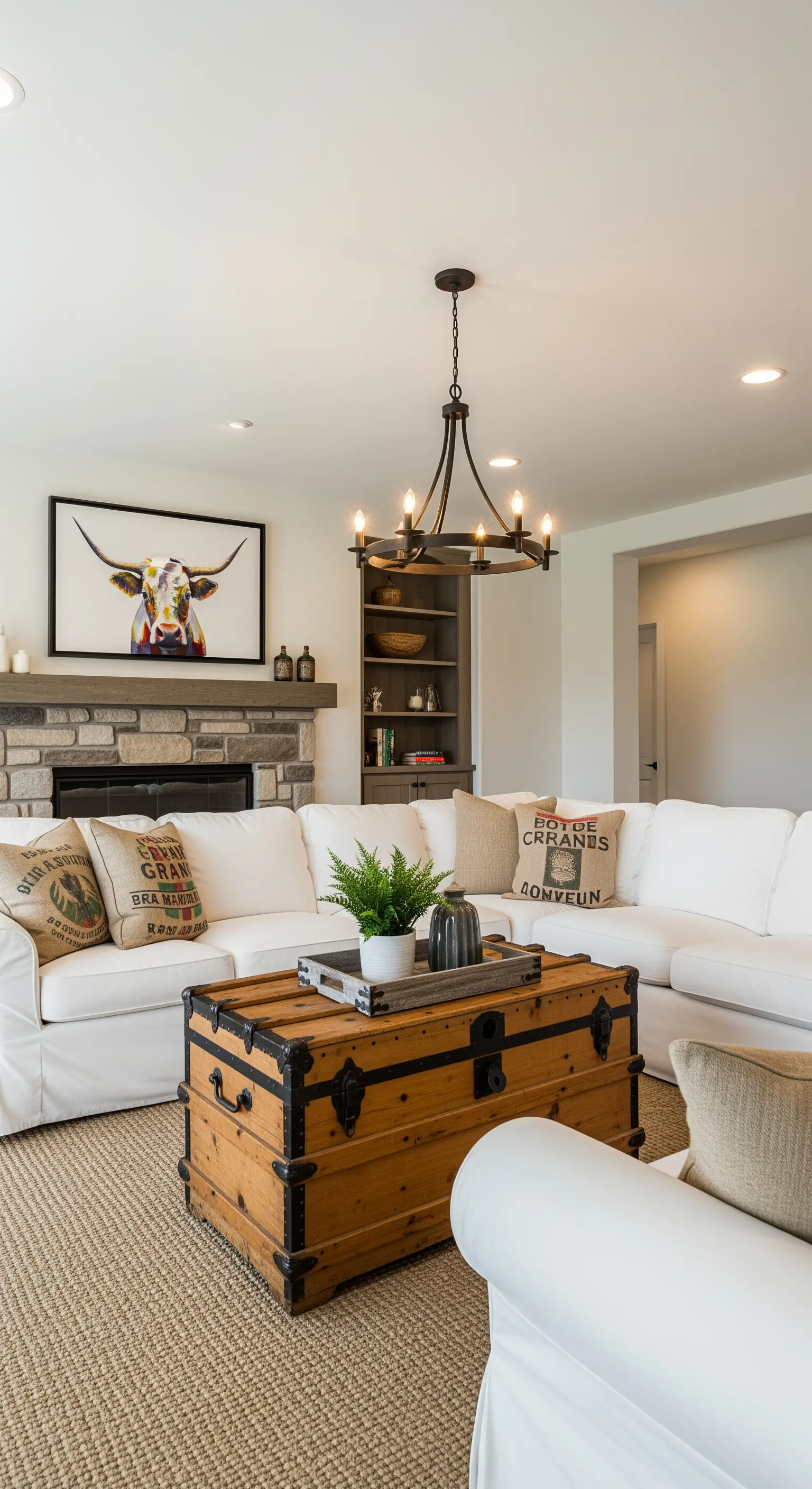 Salotto moderno-rustico con divano bianco a L e un grande baule da viaggio vintage come tavolino.