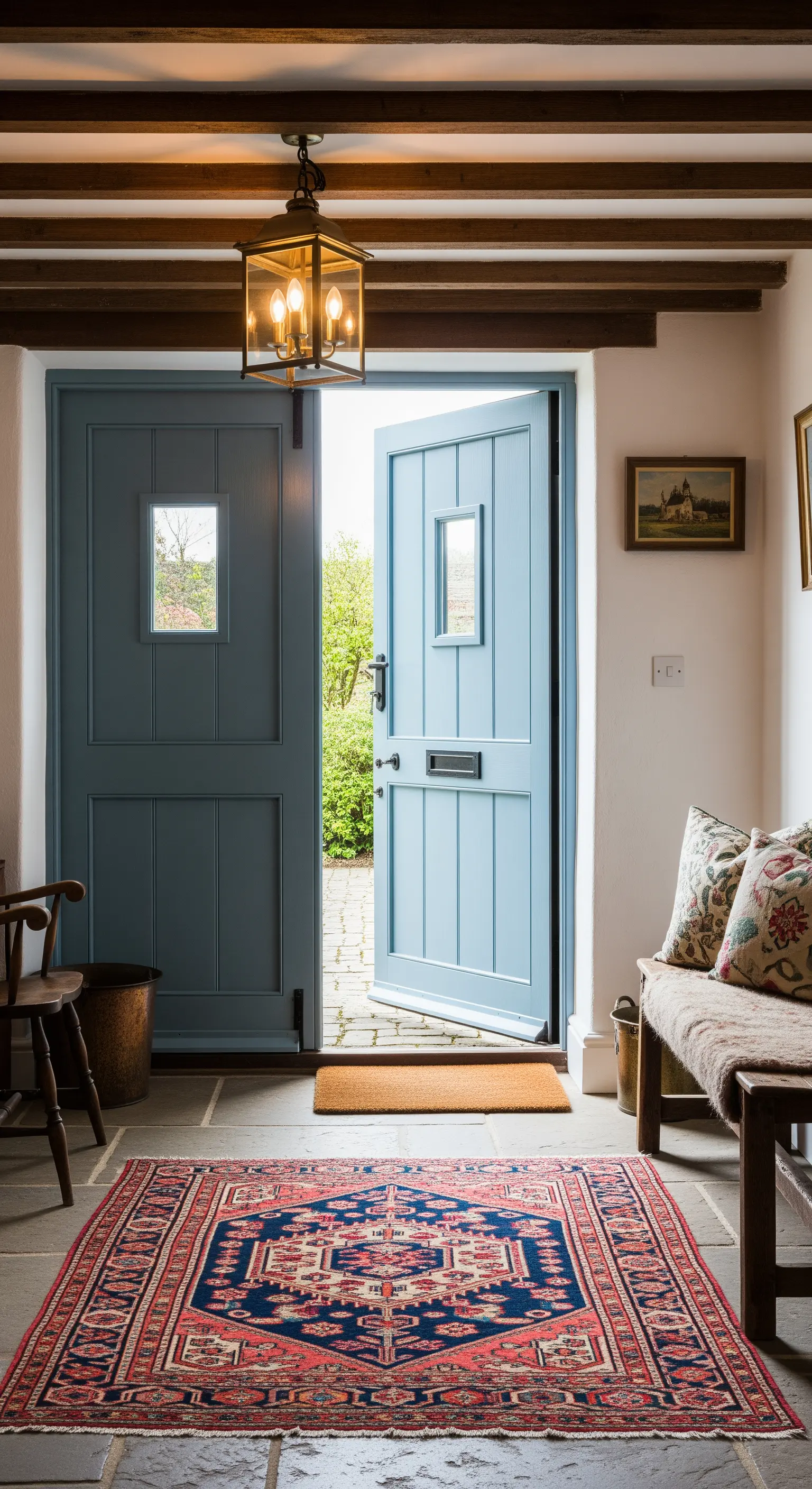 Ingresso di un cottage con porta olandese blu, pavimento in pietra e panca rustica.