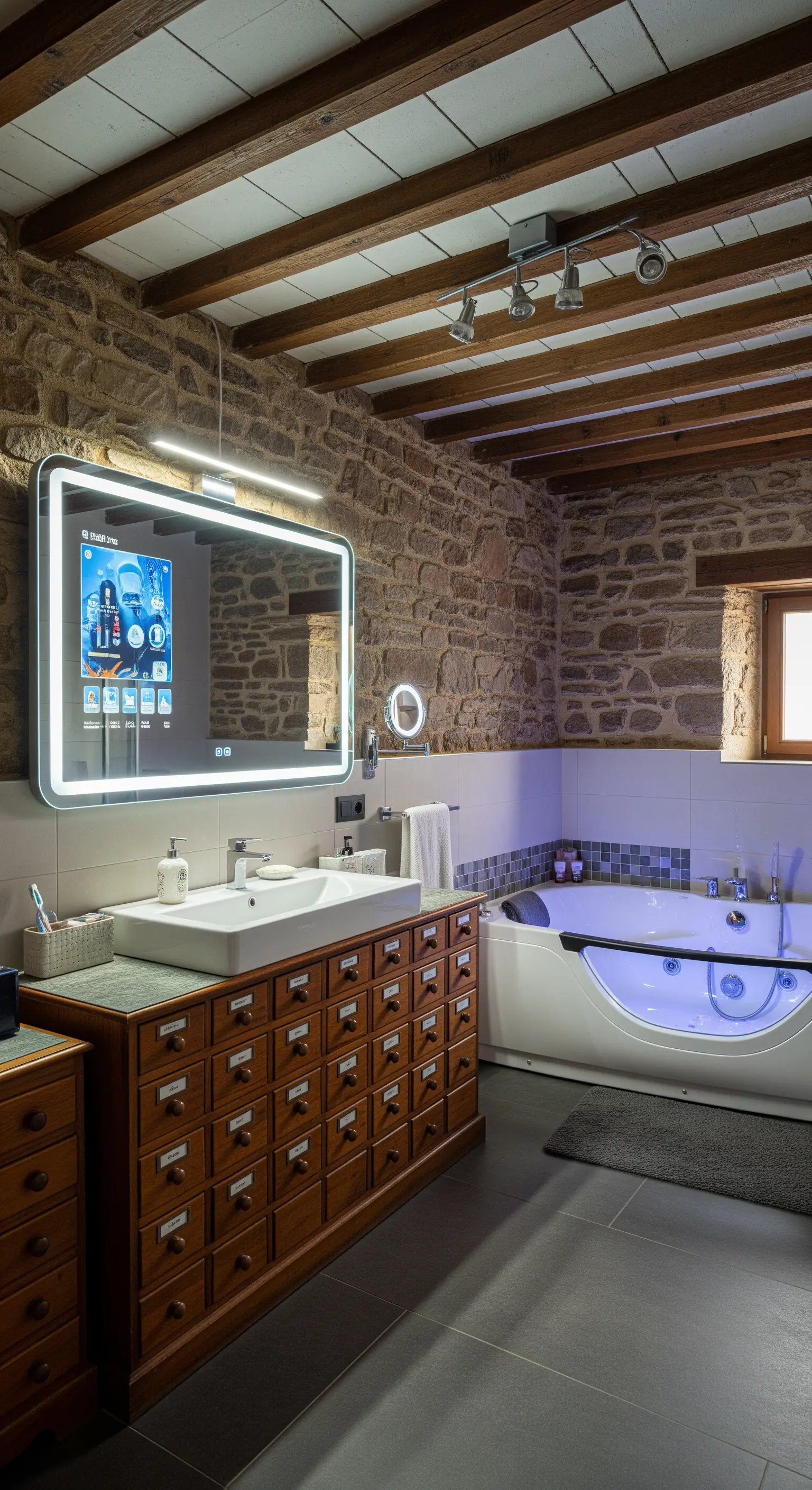 Bagno rustico con pareti in pietra, mobile da farmacia e specchio smart illuminato.