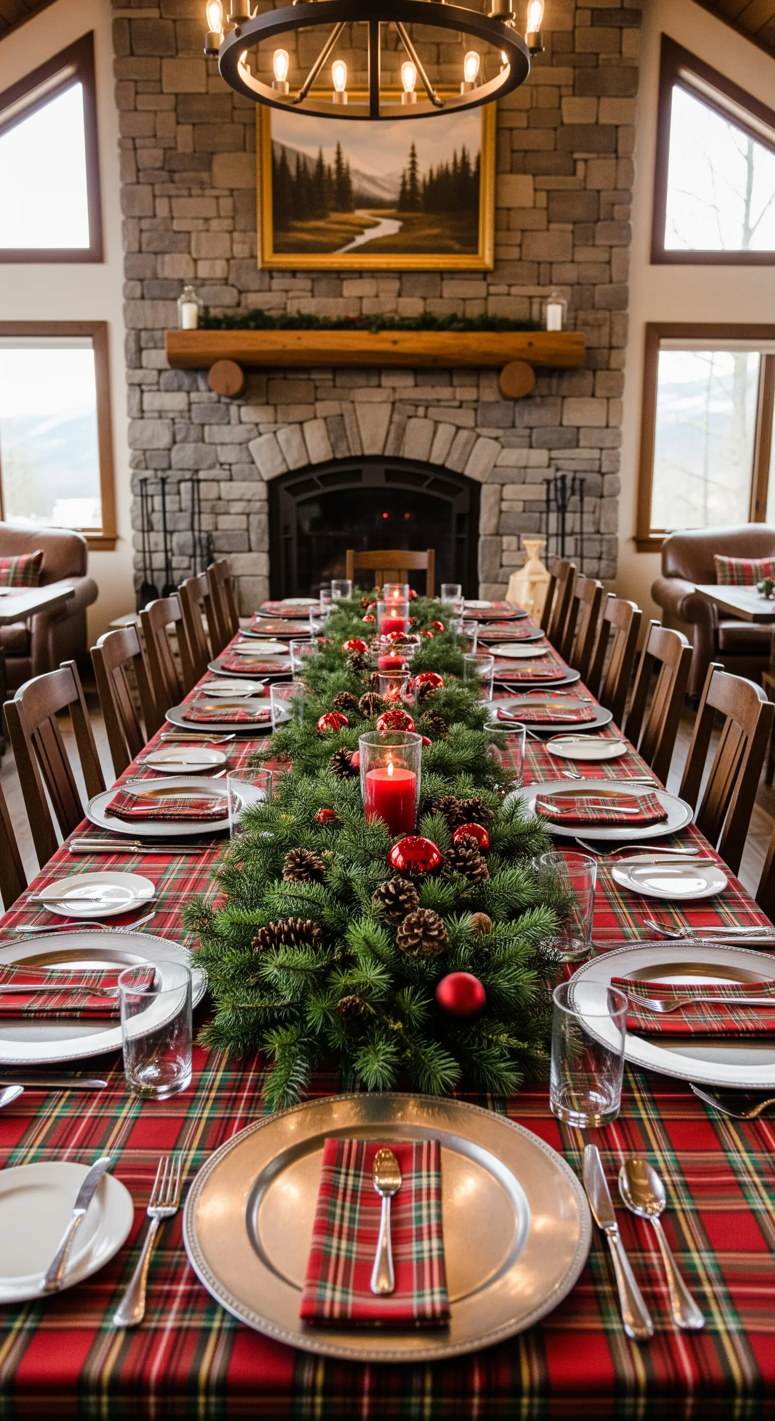Lunga tavolata con tovaglia scozzese rossa e runner di pino e palline.