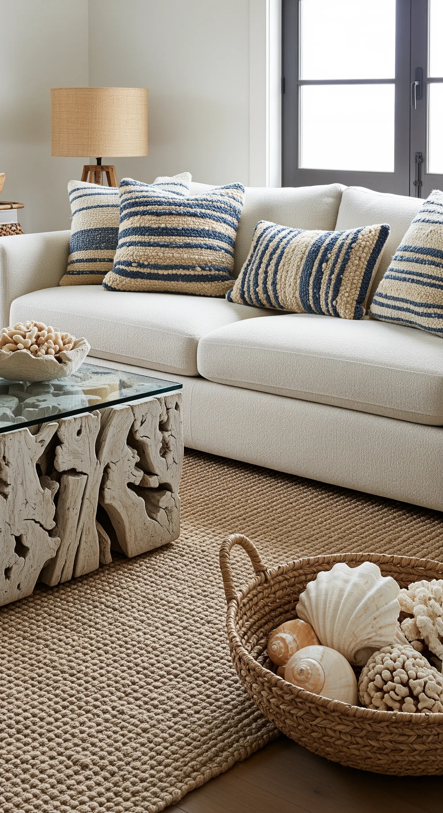 Tavolino con base in legno grezzo scultoreo e cesto di conchiglie.