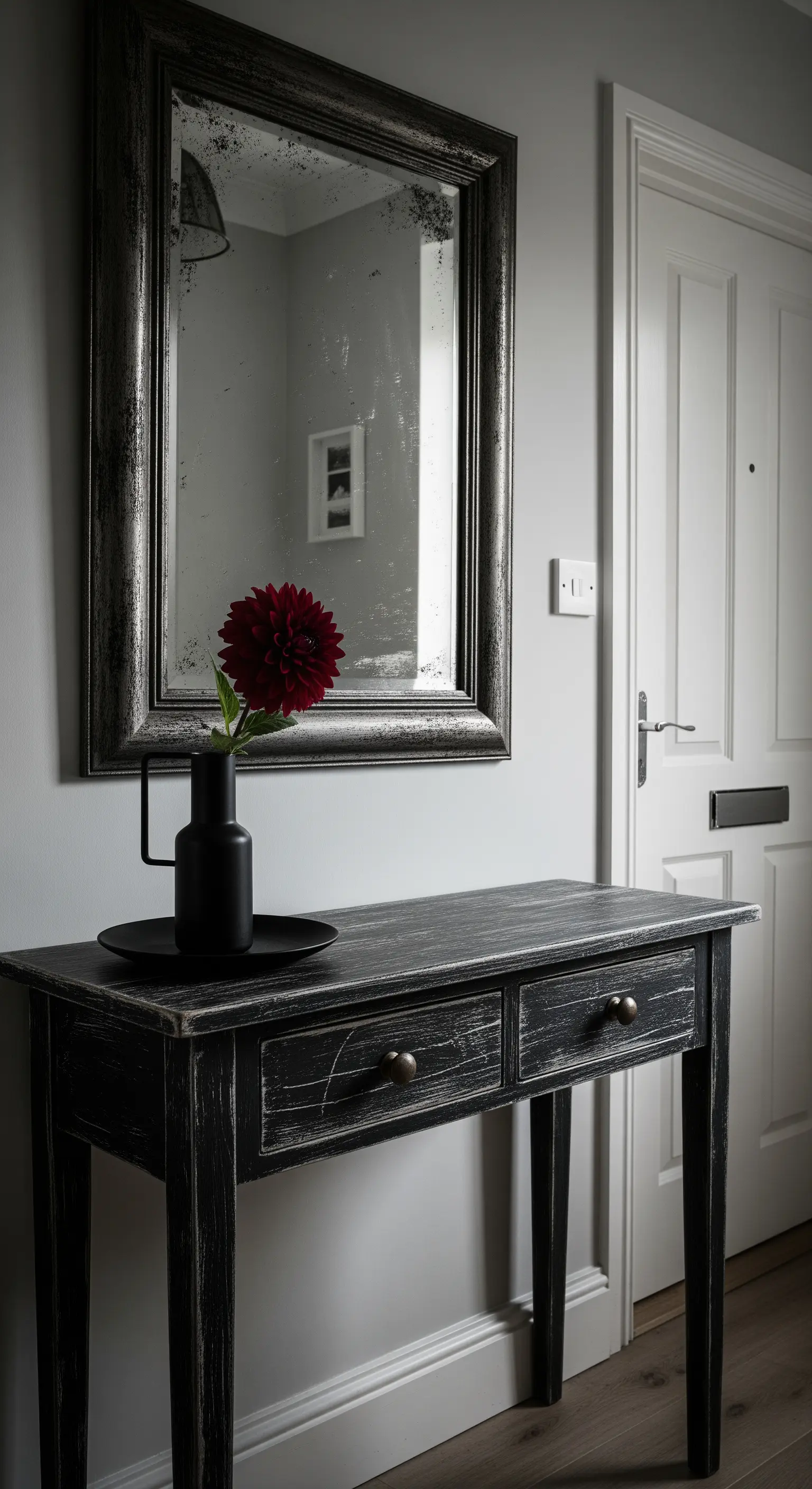 Consolle nera con finitura usurata e specchio con cornice scura e vetro anticato.