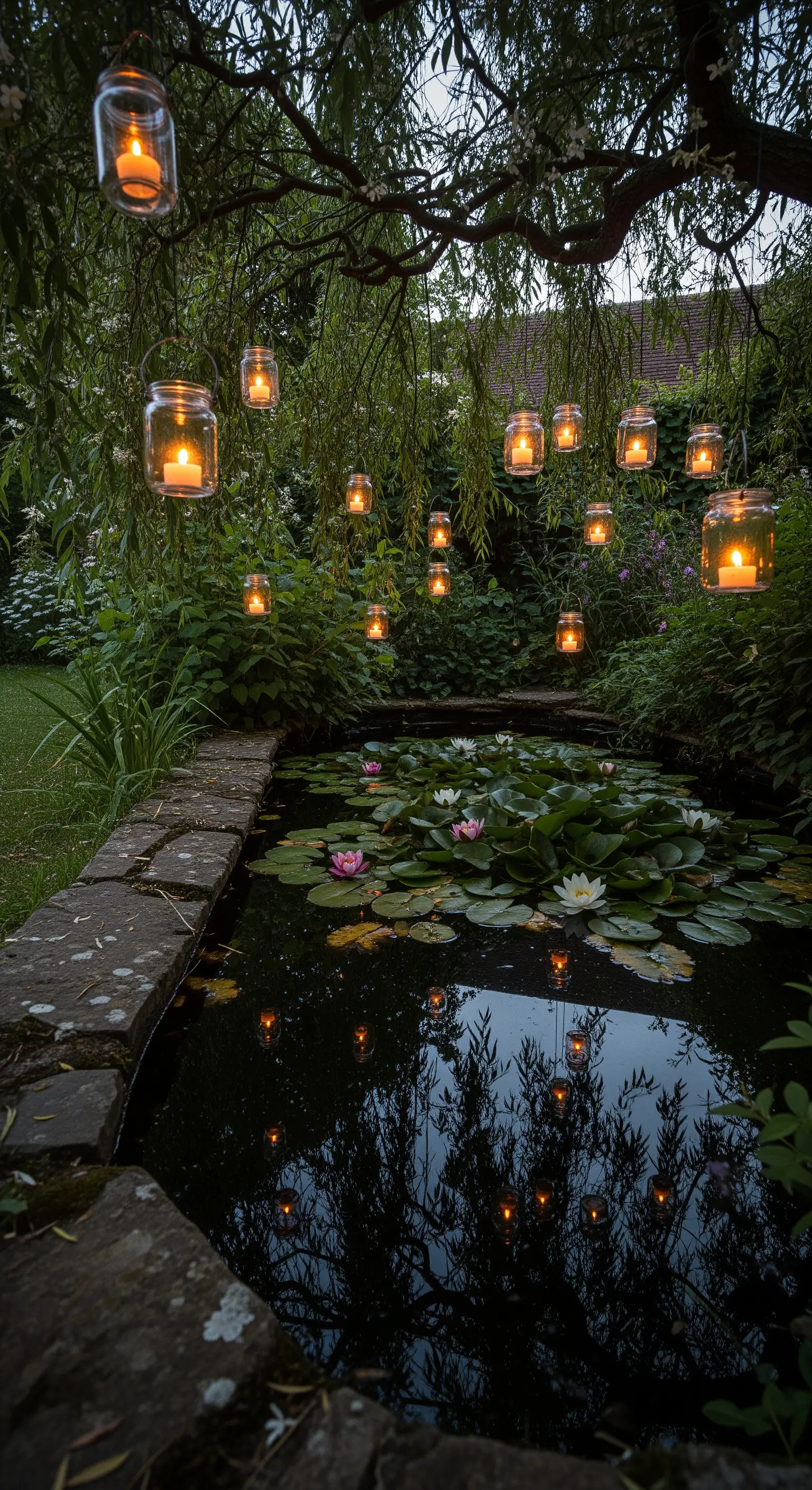 Barattoli di vetro con candele appesi a un albero sopra un laghetto con ninfee.
