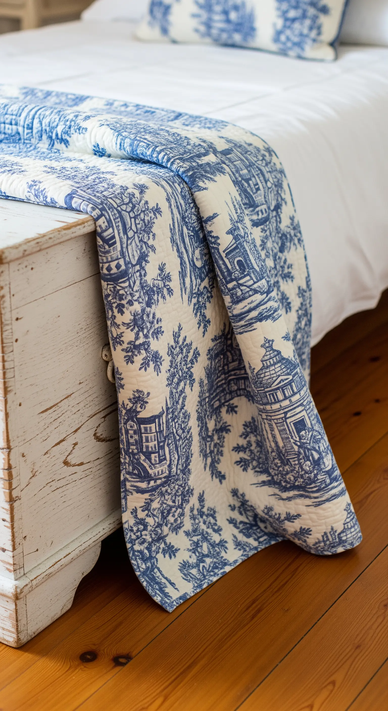 Trapunta con motivo Toile de Jouy blu e bianco appoggiata su un baule di legno anticato.