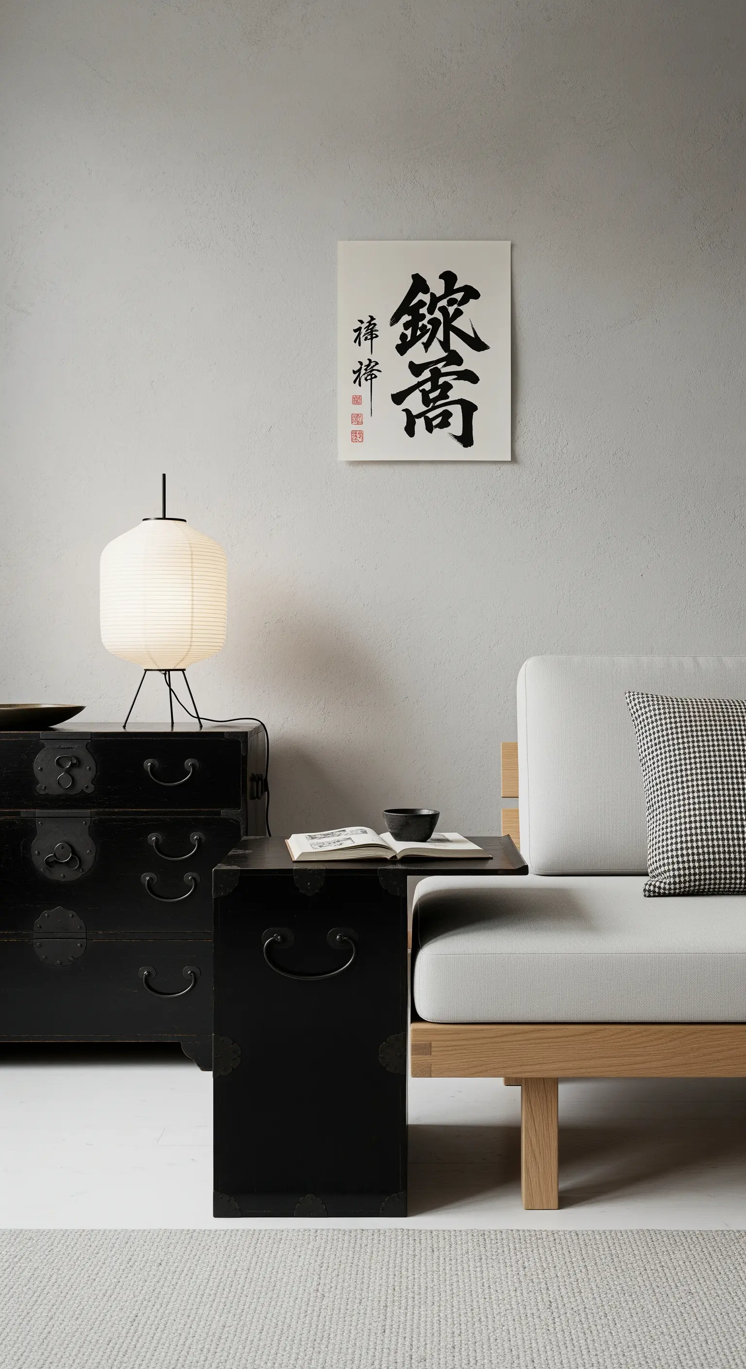Interno minimalista in stile Japandi con divano chiaro, cassettiera Tansu nera e lampada di carta.