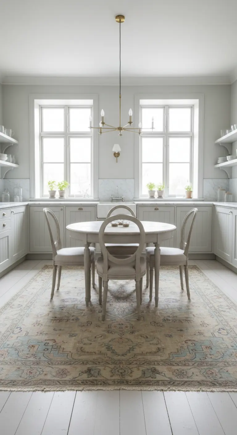 Cucina total white con tavolo rotondo e grande tappeto persiano dai toni chiari.