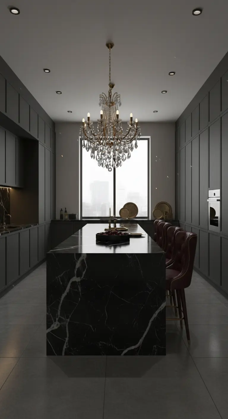 Cucina grigio scuro con isola monolitica in marmo e un grande lampadario di cristallo.
